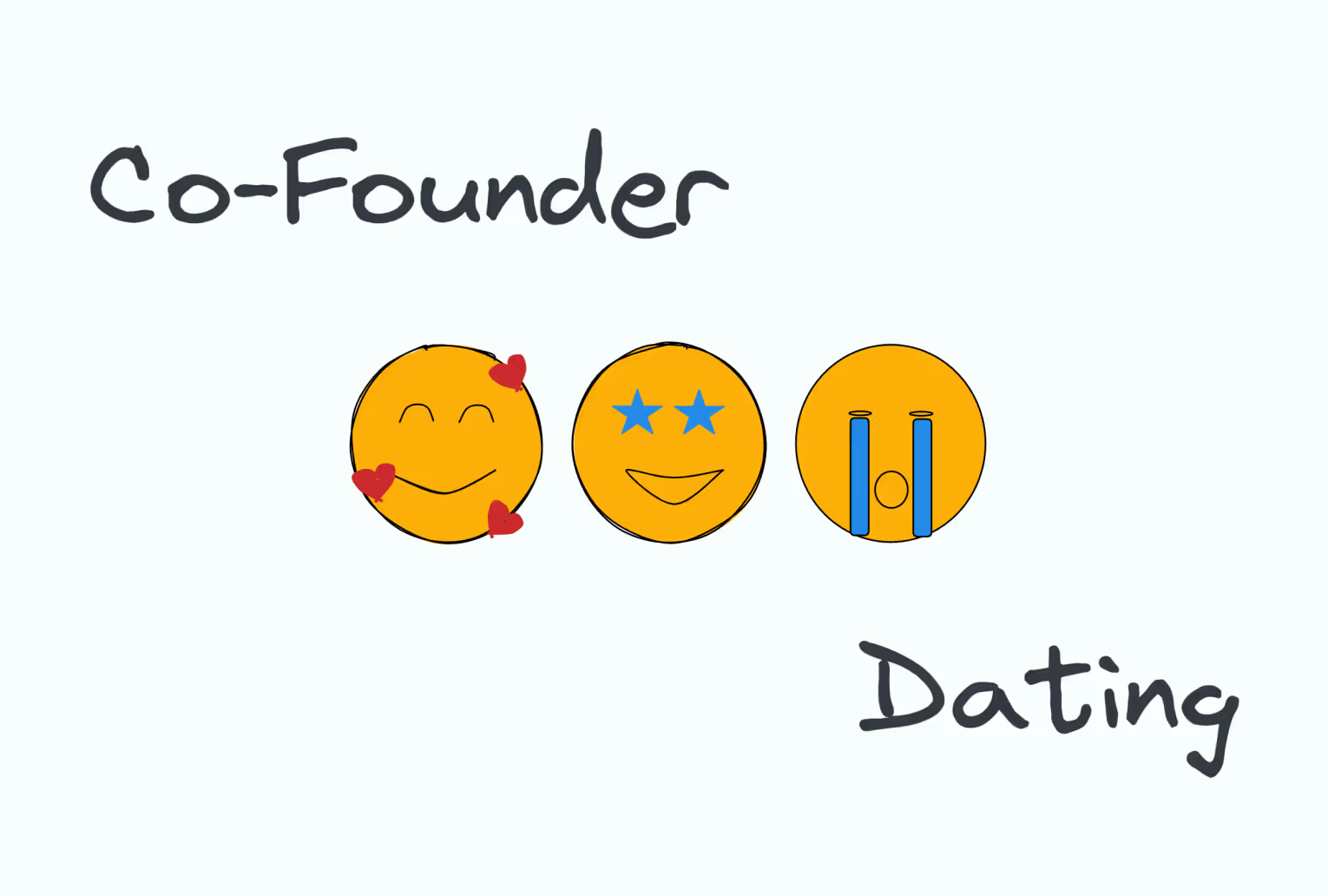 Hand-lettered 'Co-Founder Dating' illustration with three smiling emoji faces