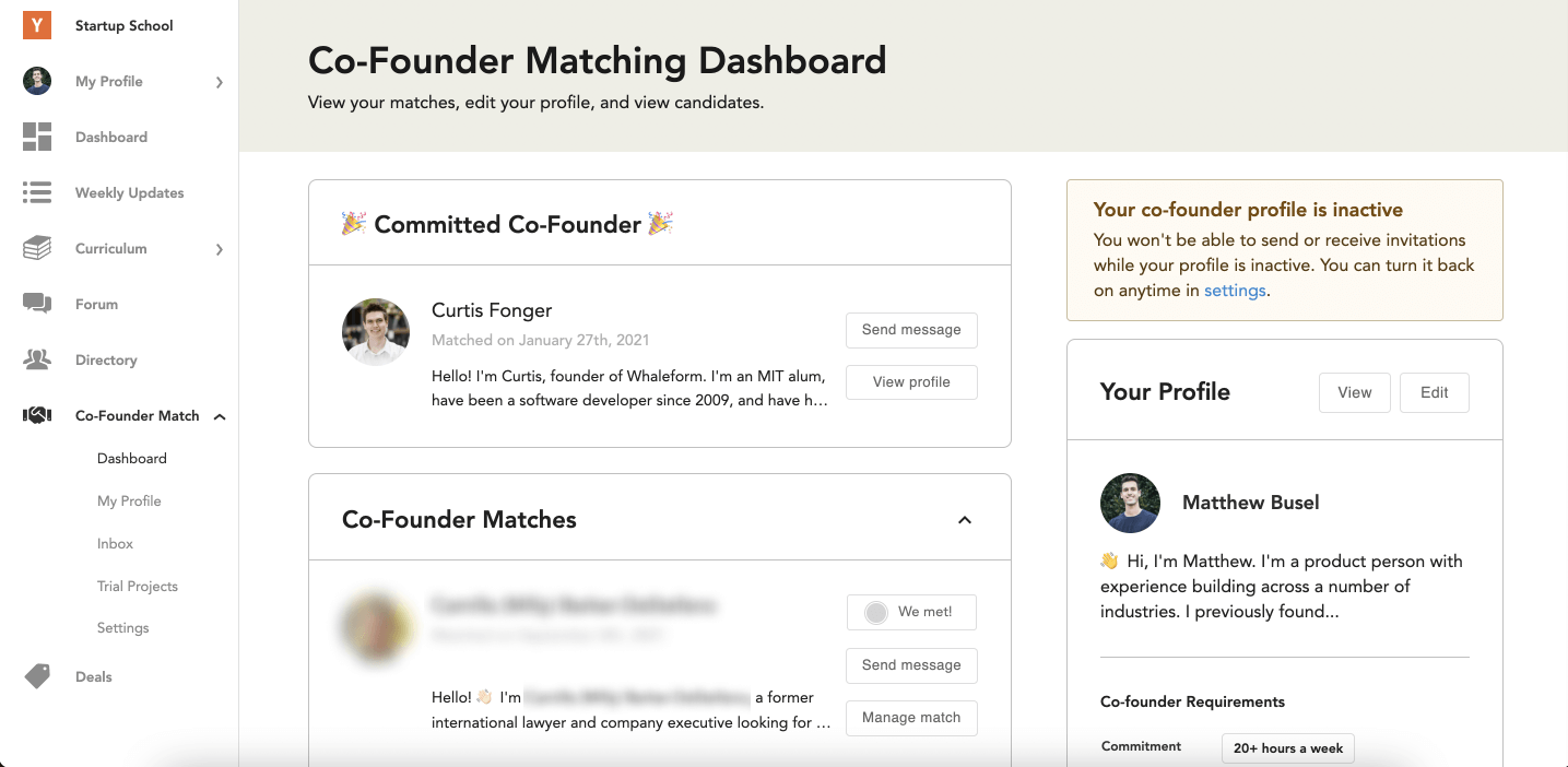 YC Co-Founder Matching Dashboard: