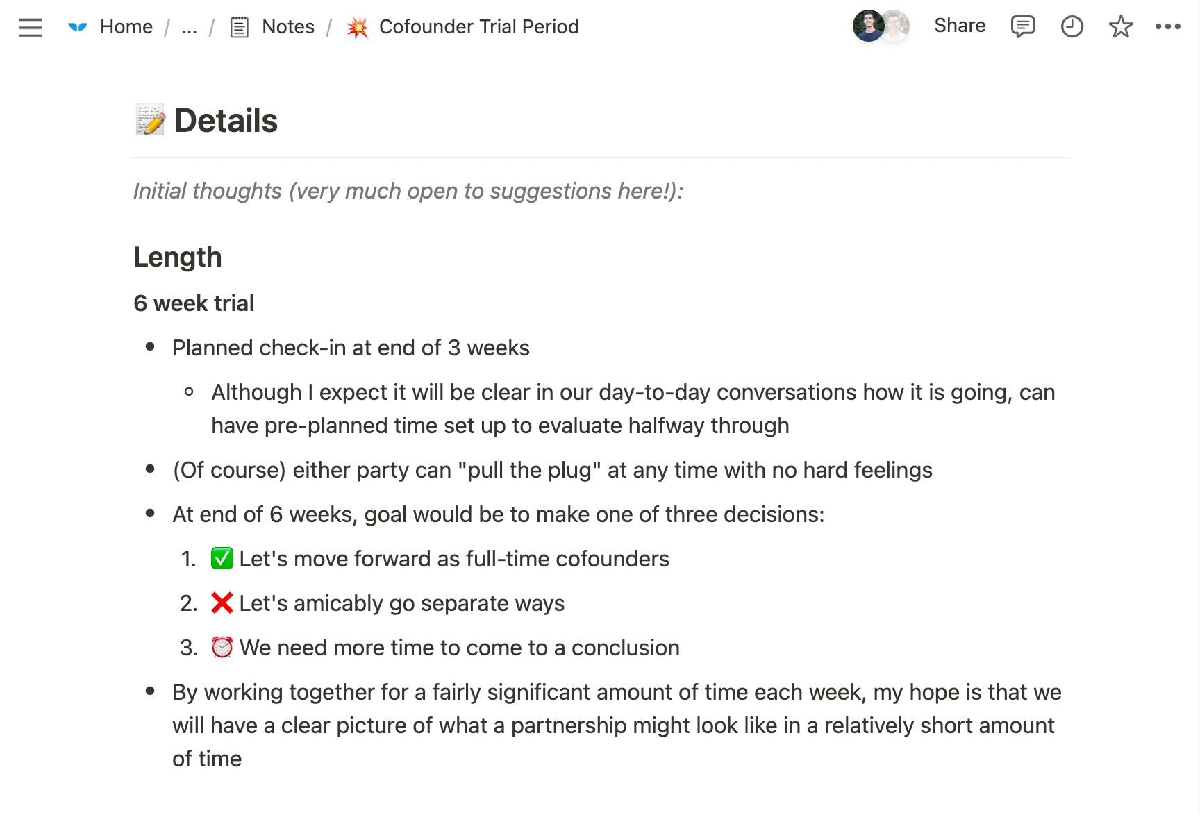 A screenshot from our co-founder trial period