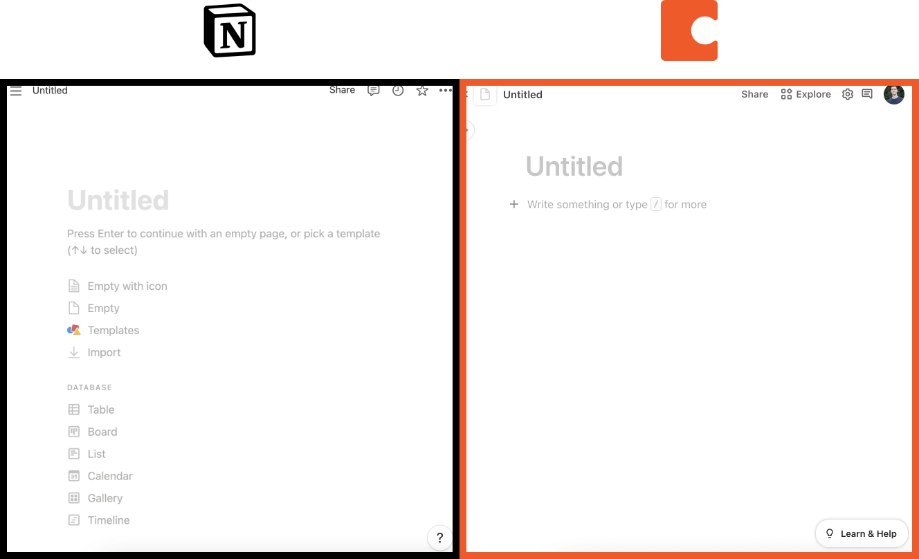 Coda vs Notion default page comparison