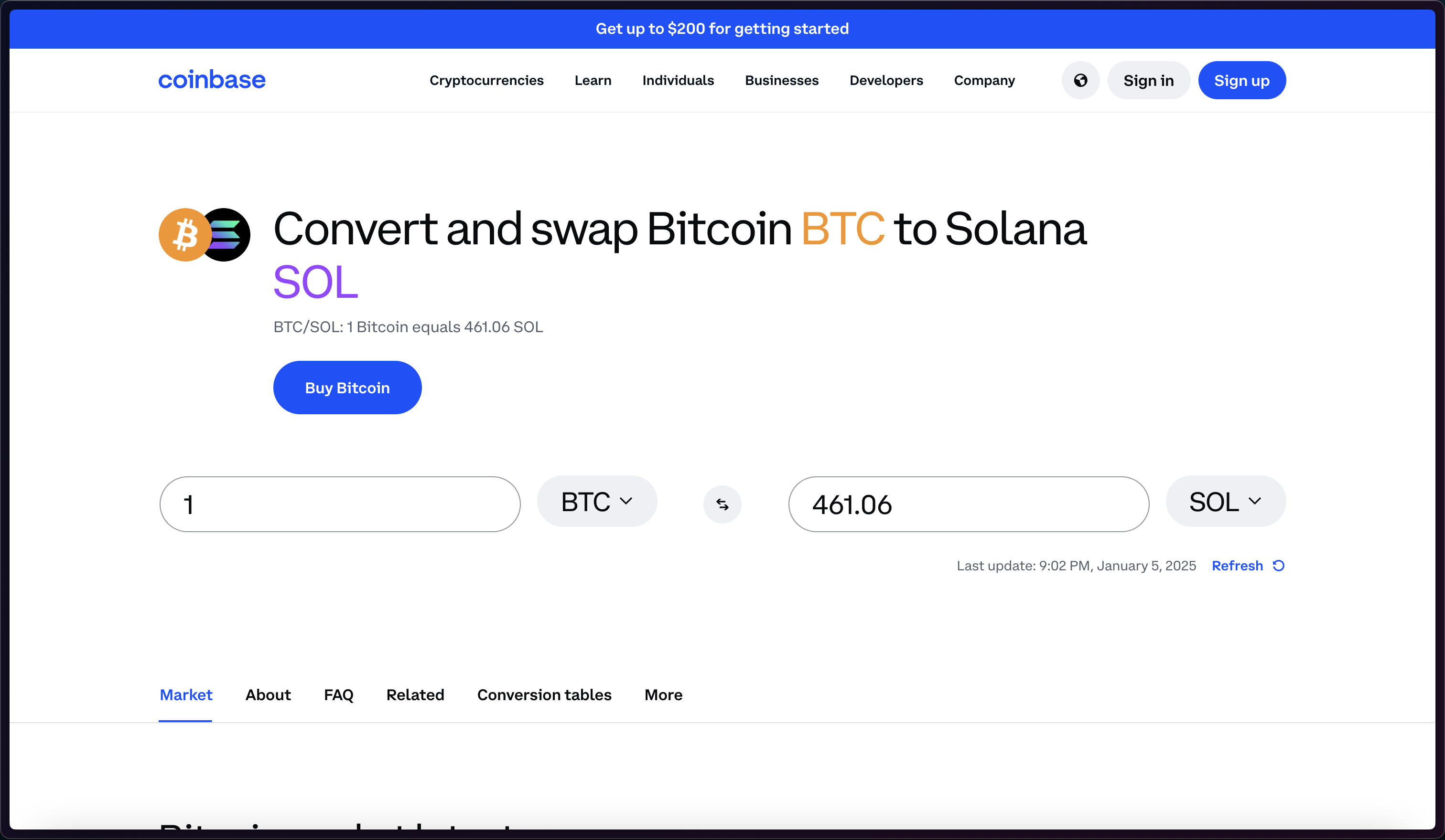 Coinbase's crypto conversion page for swapping Bitcoin (BTC) to Solana (SOL)