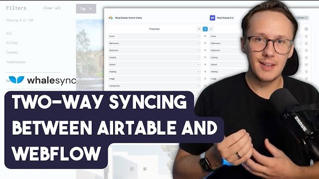 Video thumbnail titled 'Two-way syncing between Airtable and Webflow' with a presenter
