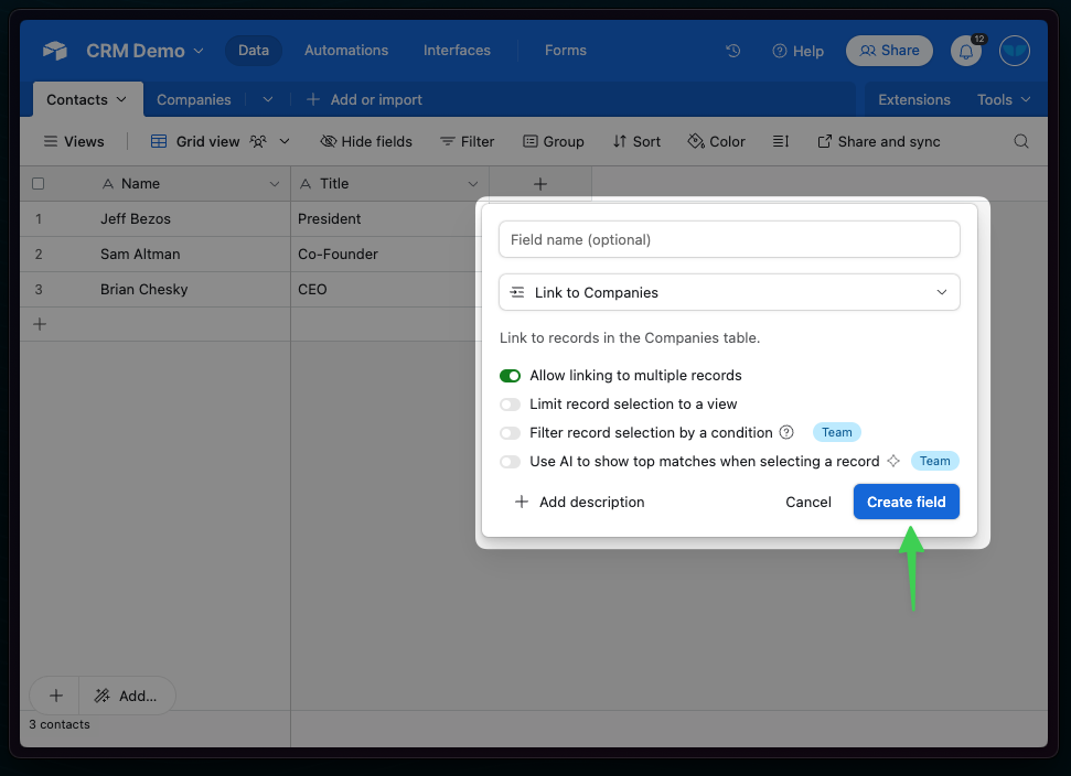 5) Click “create field”