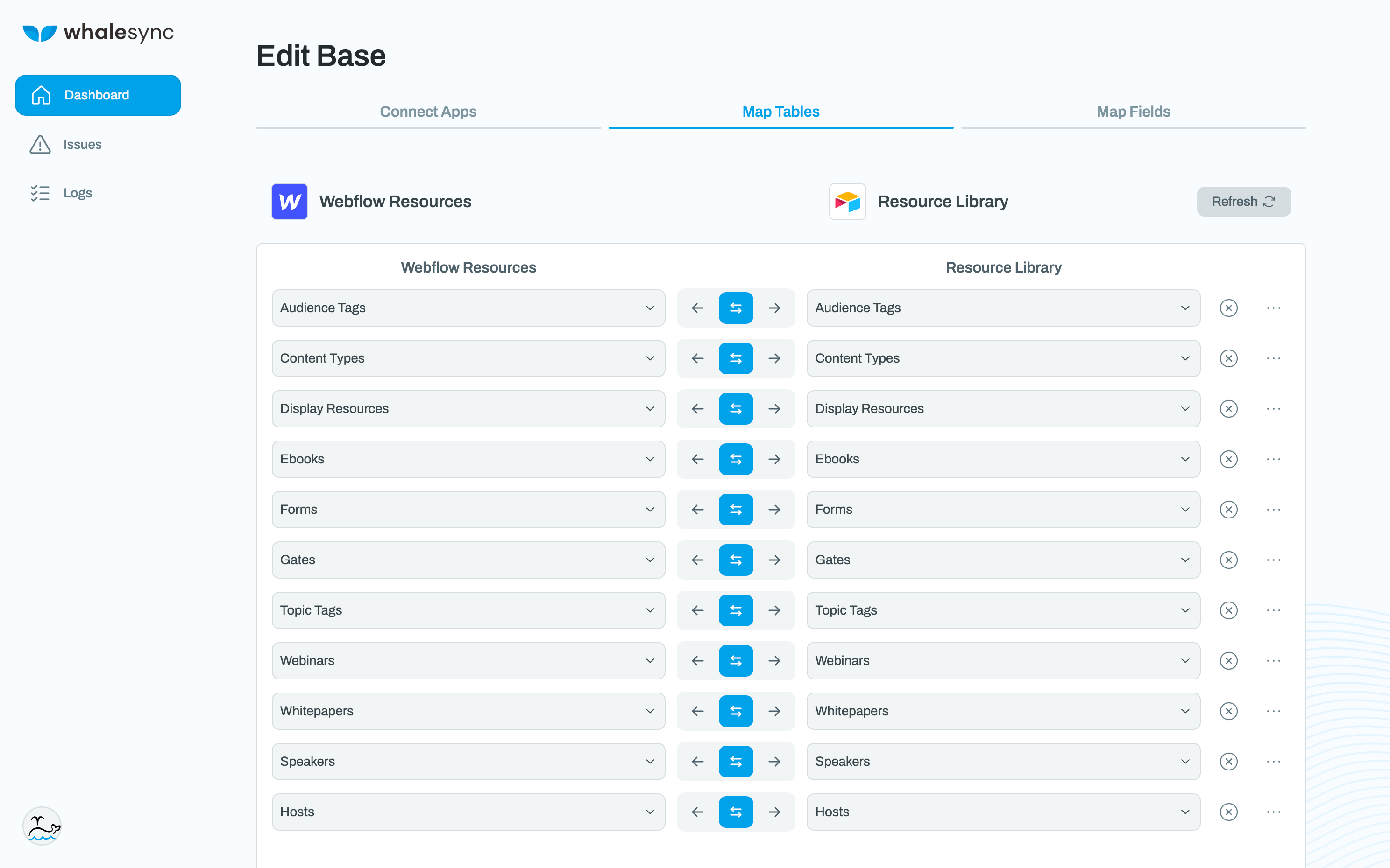 Whalesync settings page for Webflow Resource Hub
