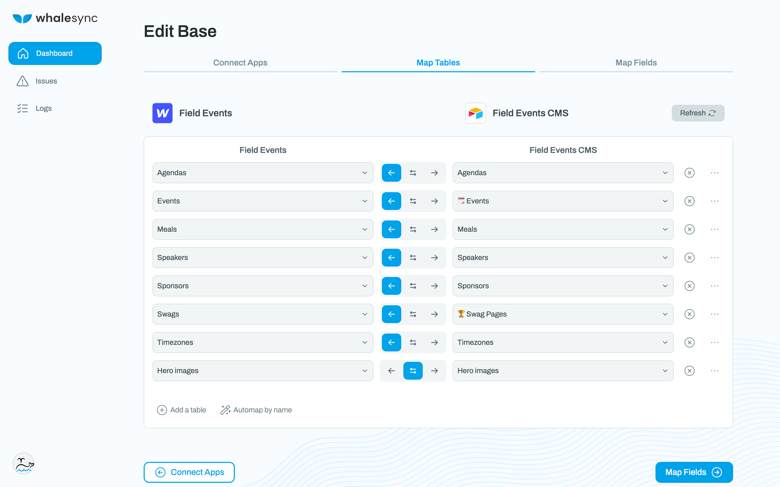 Whalesync settings page for Webflow Field Events Platform
