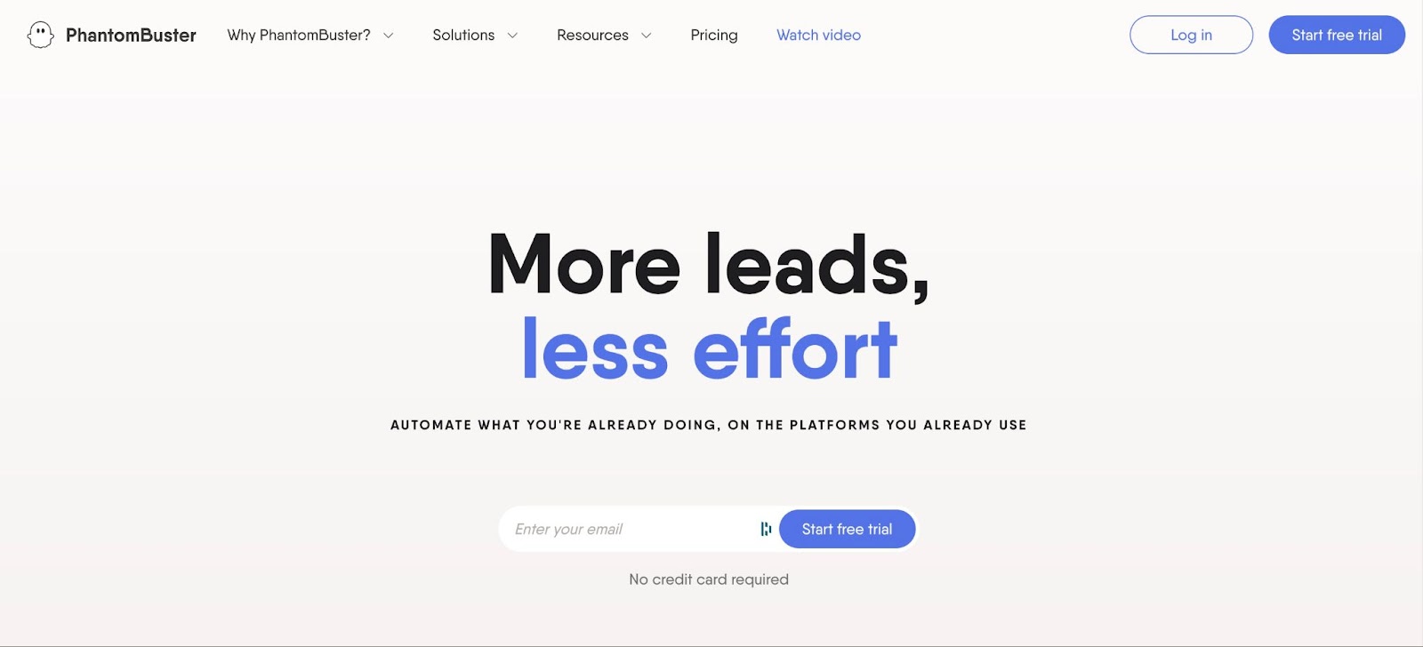 PhantomBuster's homepage hero reading 'More leads, less effort'