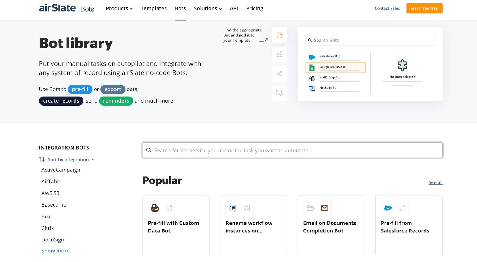 airSlate's bot library for automating tasks across systems of record