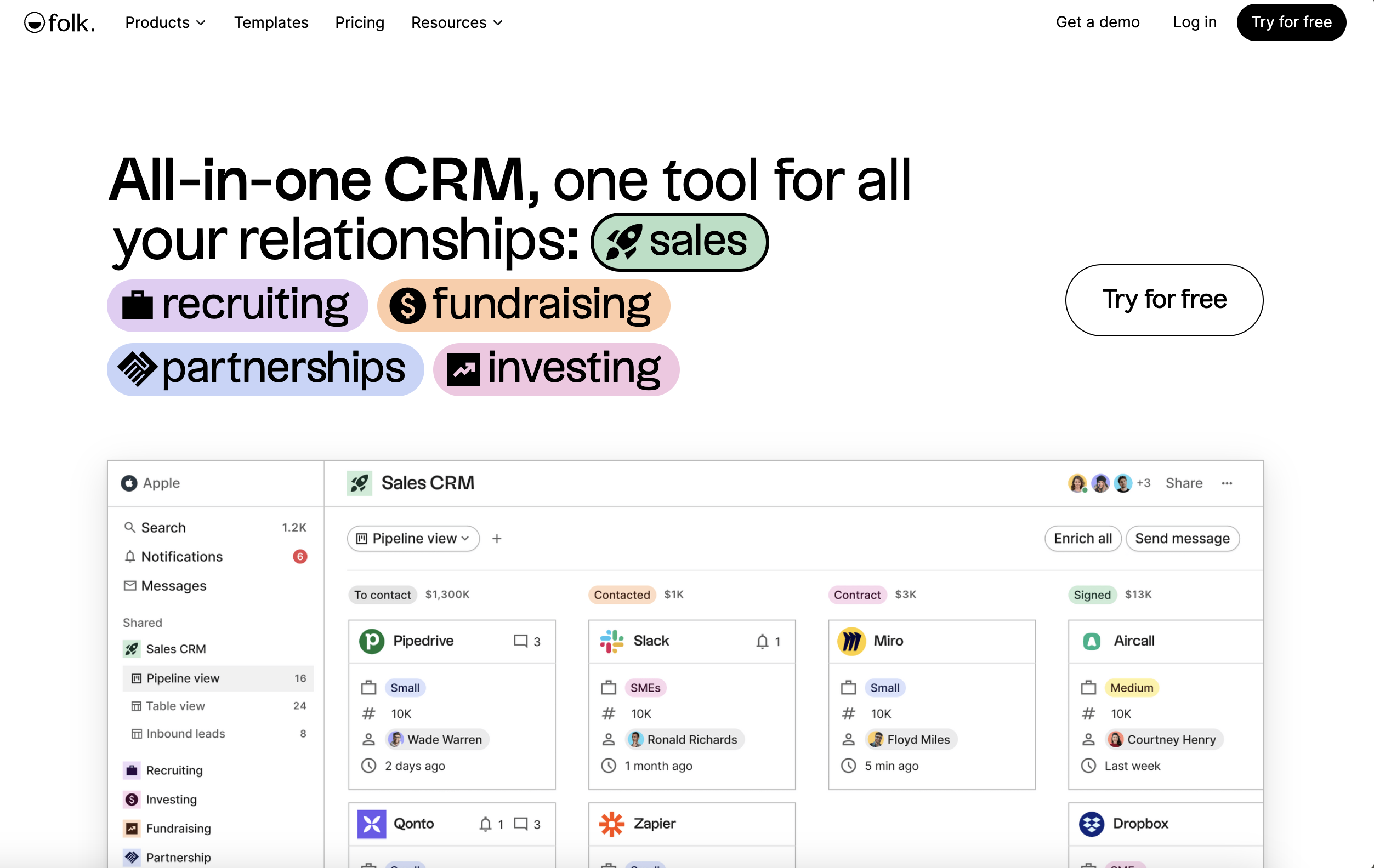 Folk's homepage showing its all-in-one CRM with a sales pipeline board