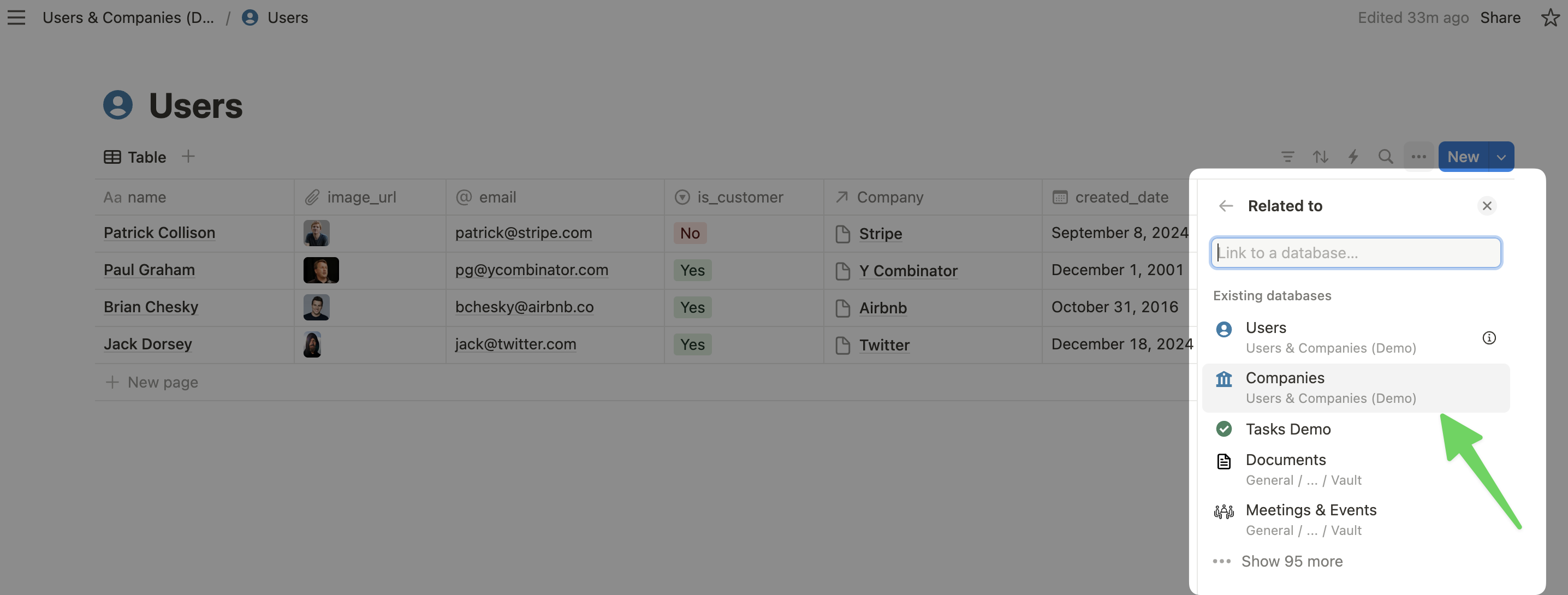 In this example we'll choose Companies to create a relation between users and their company