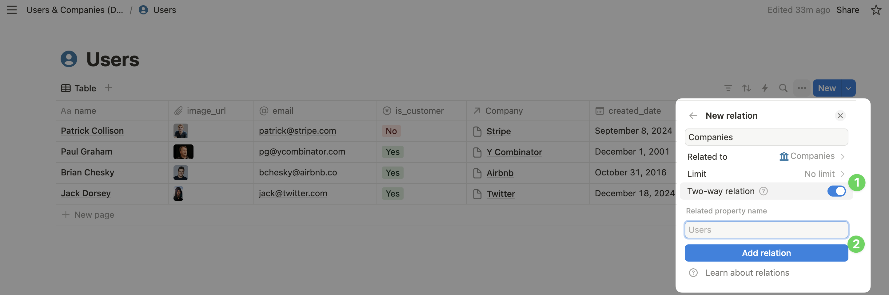 By choosing "two-way relation" you ensure that not only will companies show up in the users database but the same vice-versa