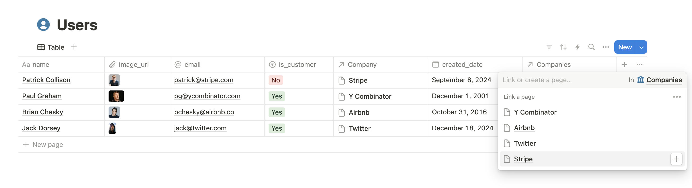 In this example, I might link the "Patrick Collison" user to "Stripe"