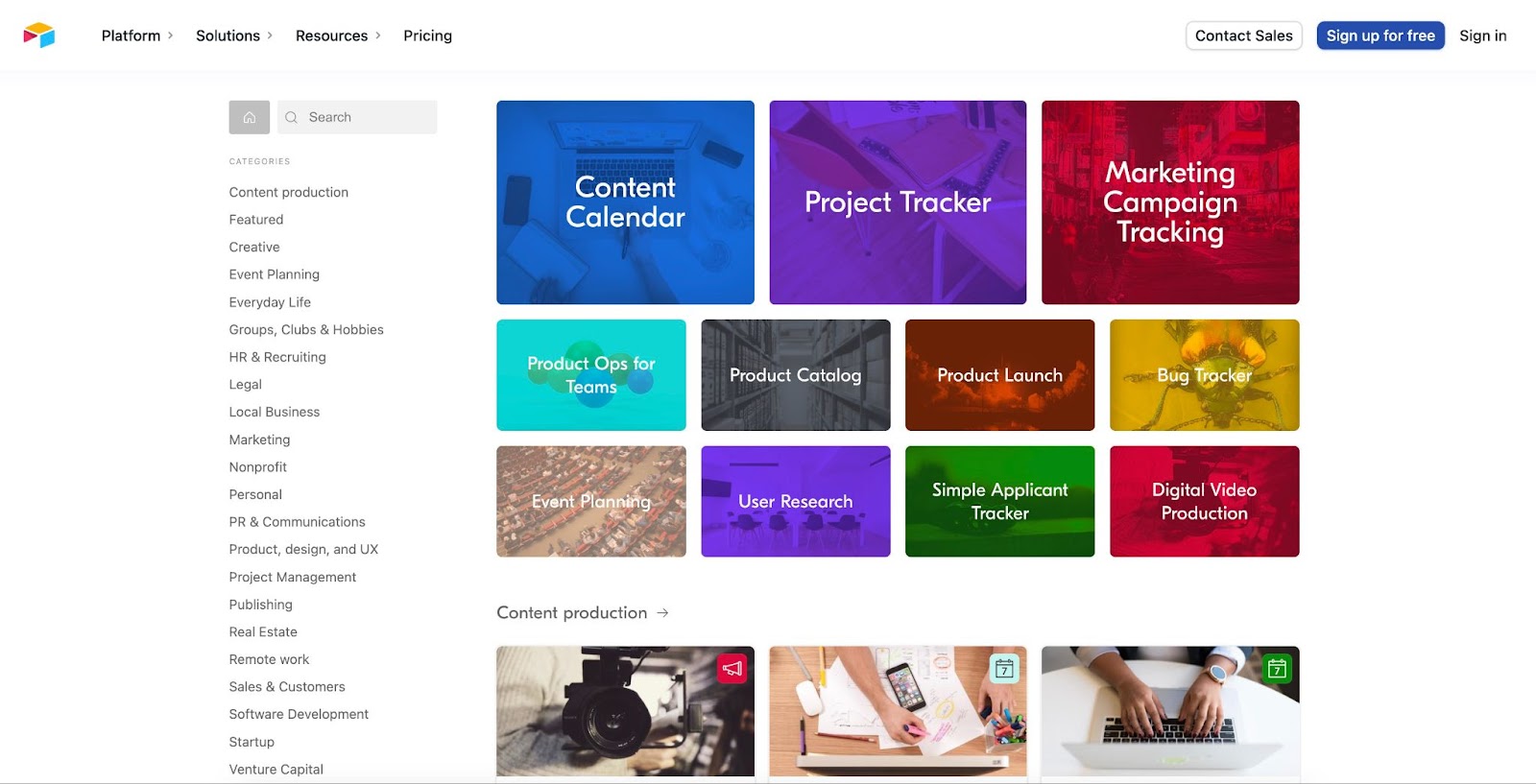 Airtable's template gallery showing templates like Content Calendar and Project Tracker