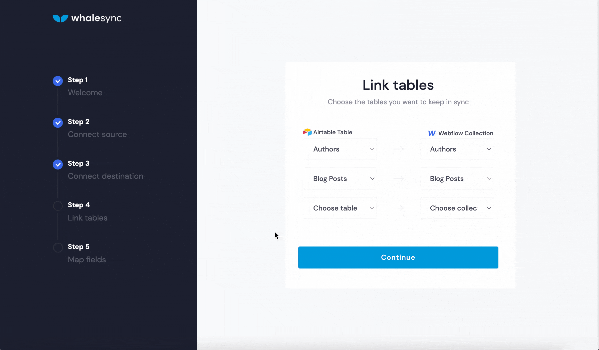 Whalesync's setup showing the link-tables step mapping an Airtable table to a Webflow collection