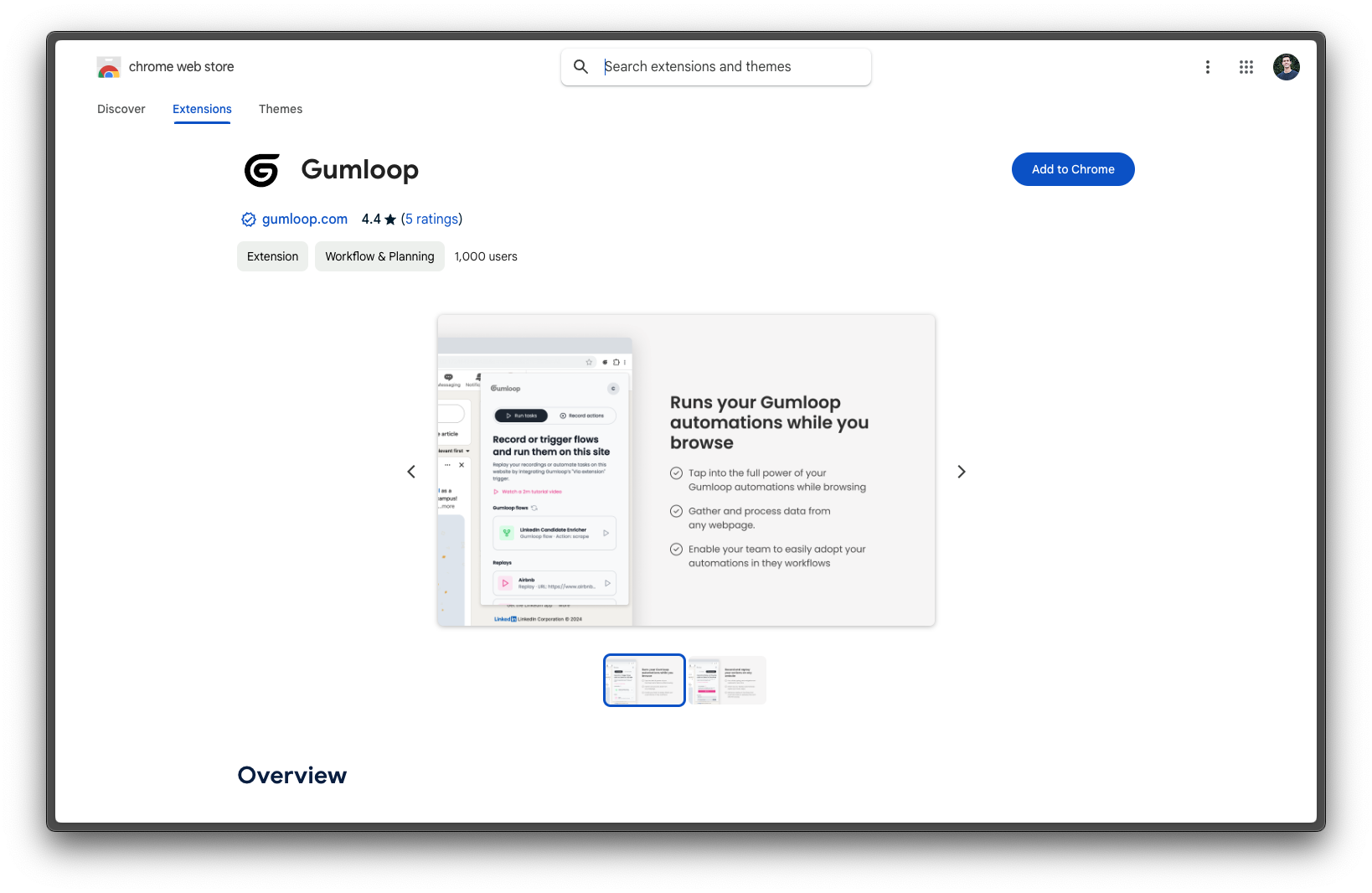 The Gumloop extension listing on the Chrome Web Store