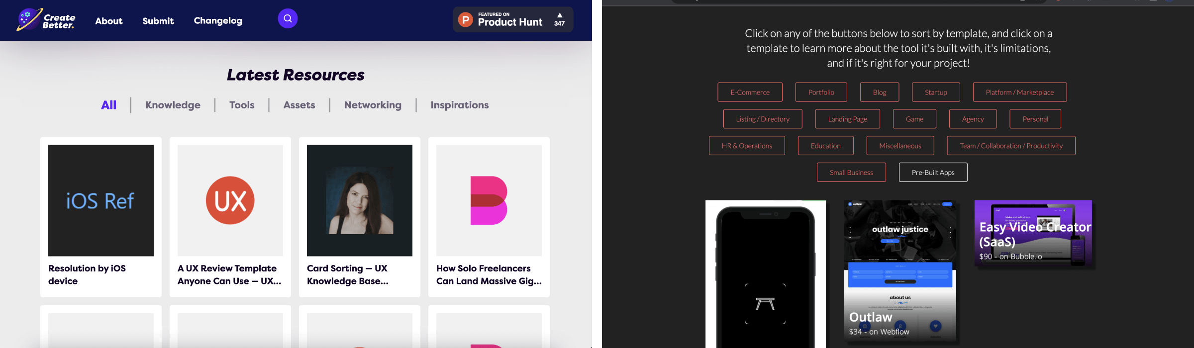 A no-code resource directory showing a grid of the latest resources