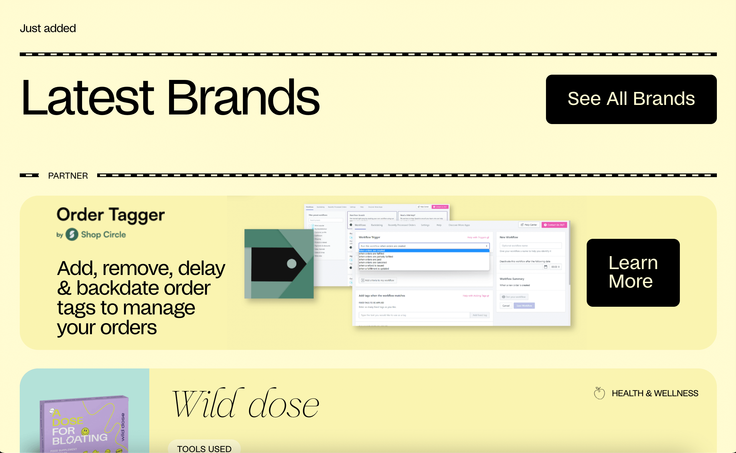 A directory's 'Latest Brands' section featuring newly added tools like Order Tagger