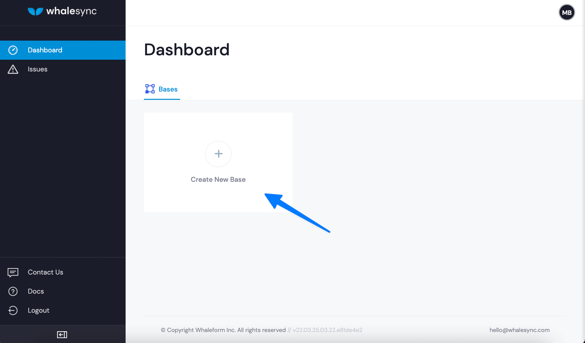 The Whalesync dashboard with a button to create a new base