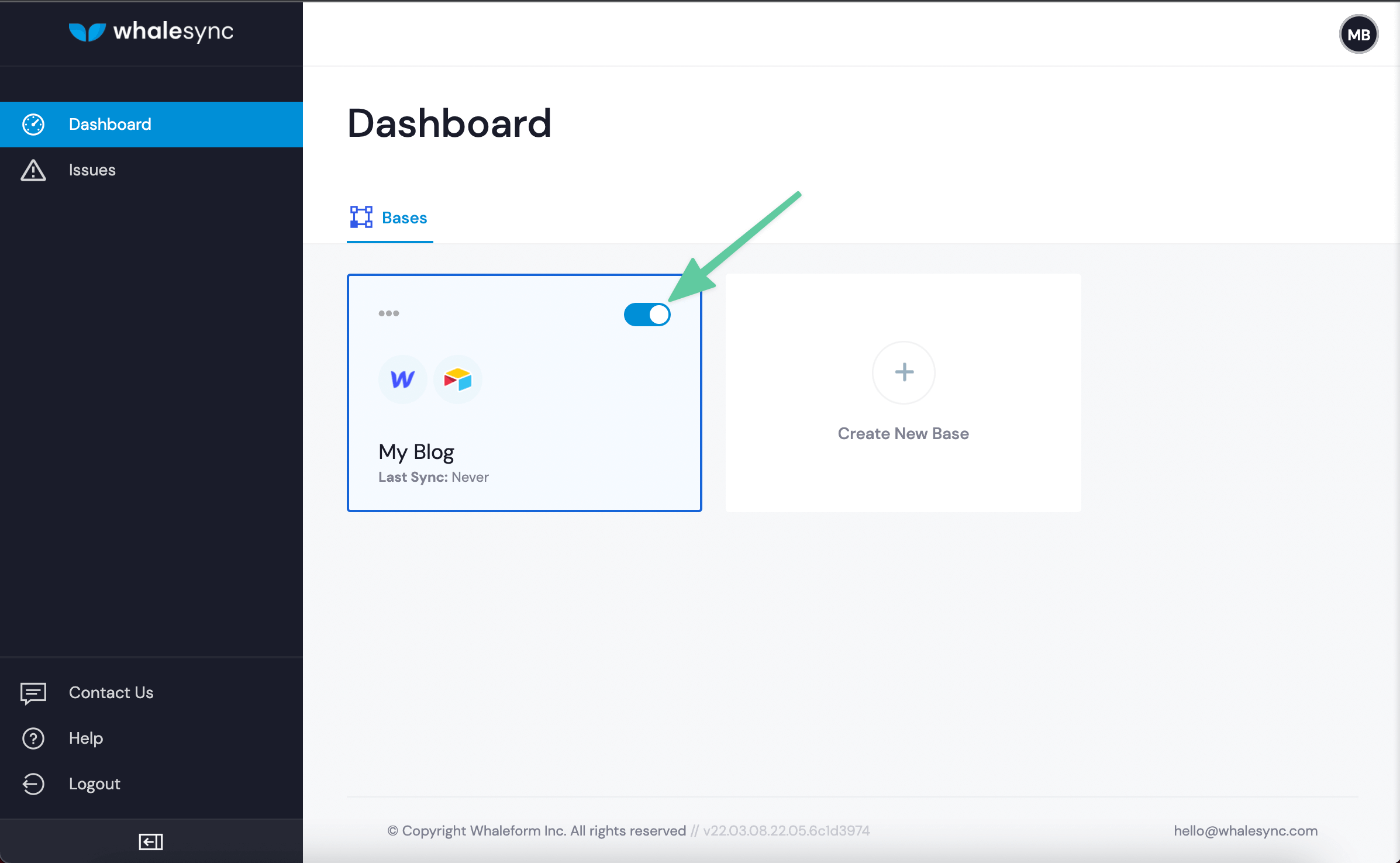 The Whalesync dashboard showing a 'My Blog' base with its sync toggle enabled