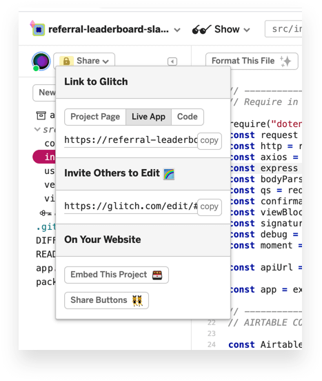 Getting the link to your Live App in Glitch