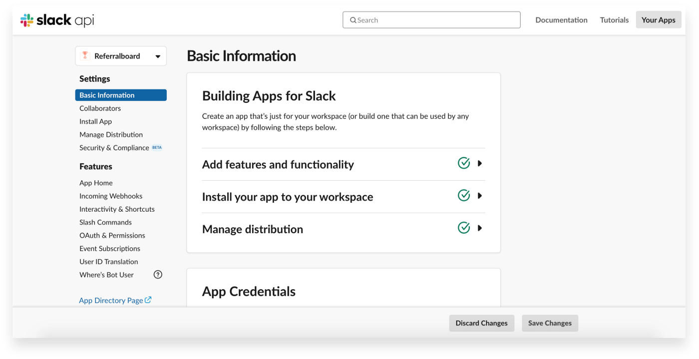 Slack API’s “my app” page