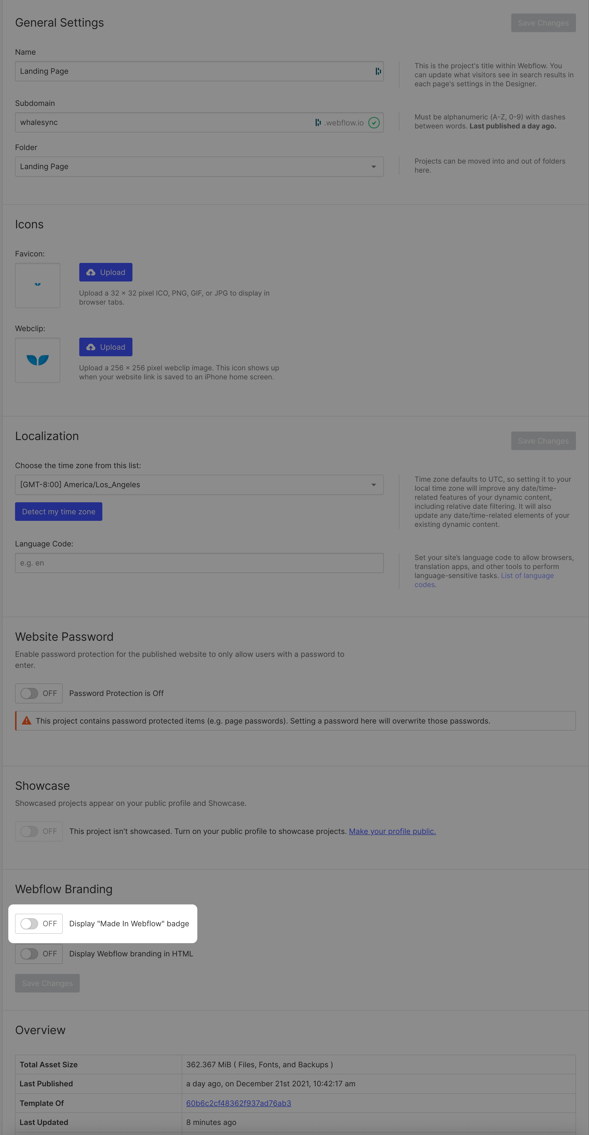 Webflow dashboard after a click
