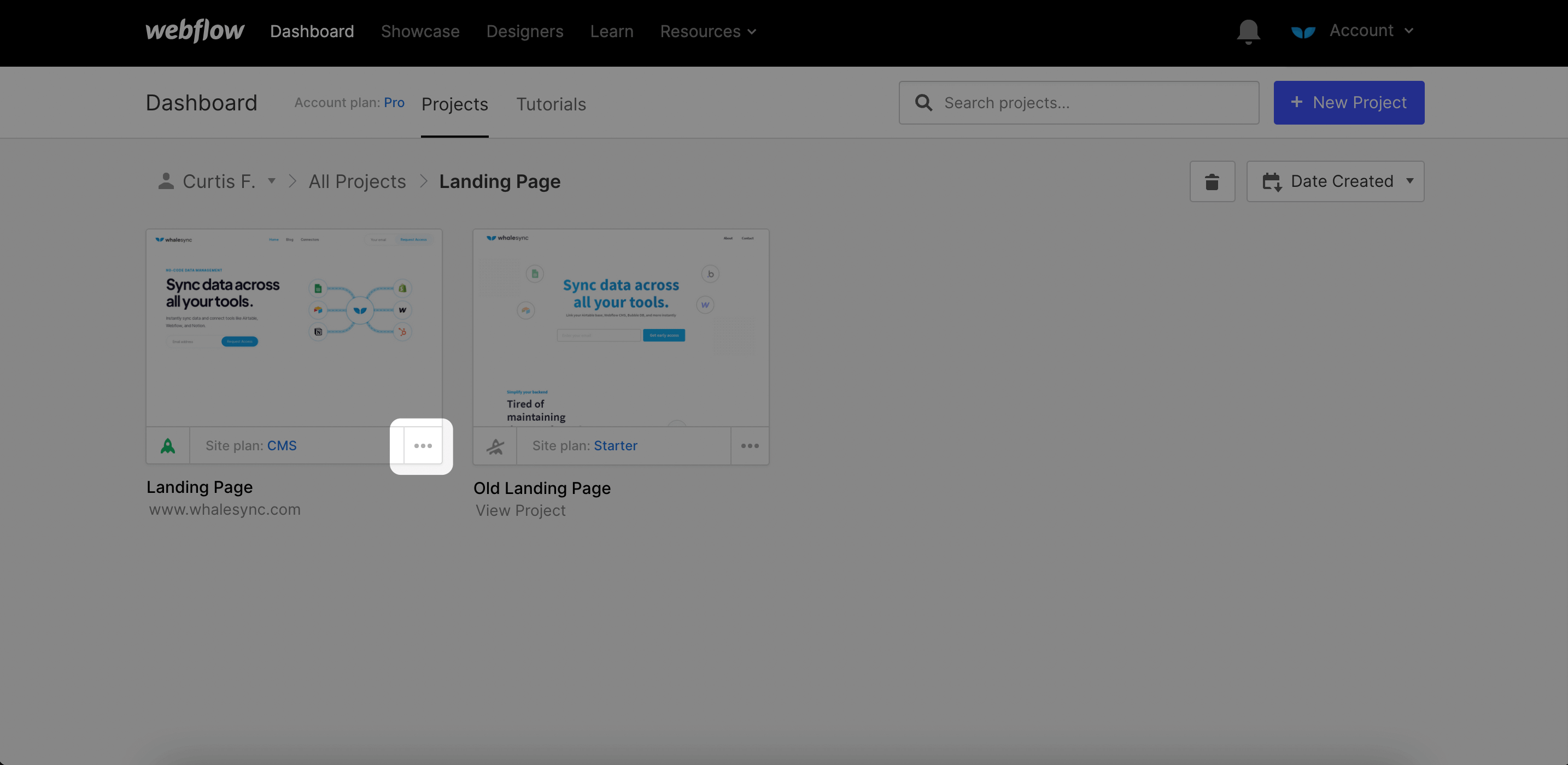 Webflow dashboard with settings button highlighted