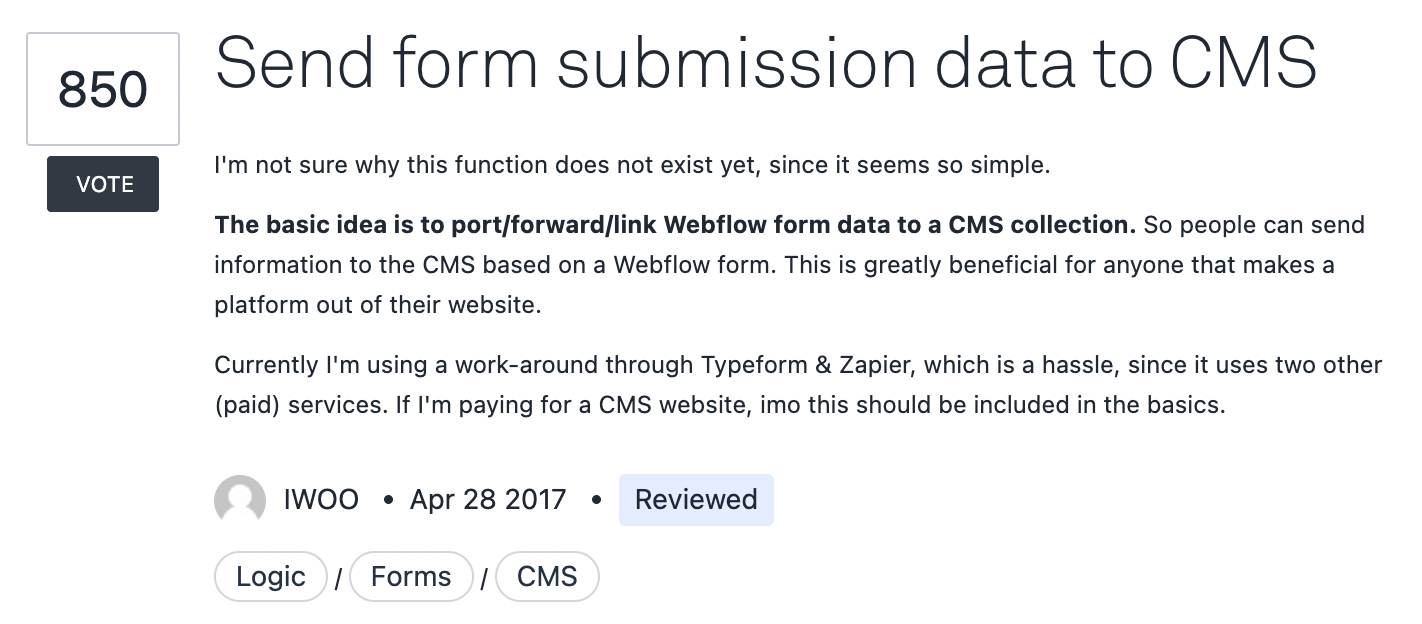A Webflow feature request titled 'Send form submission data to CMS' with 850 votes