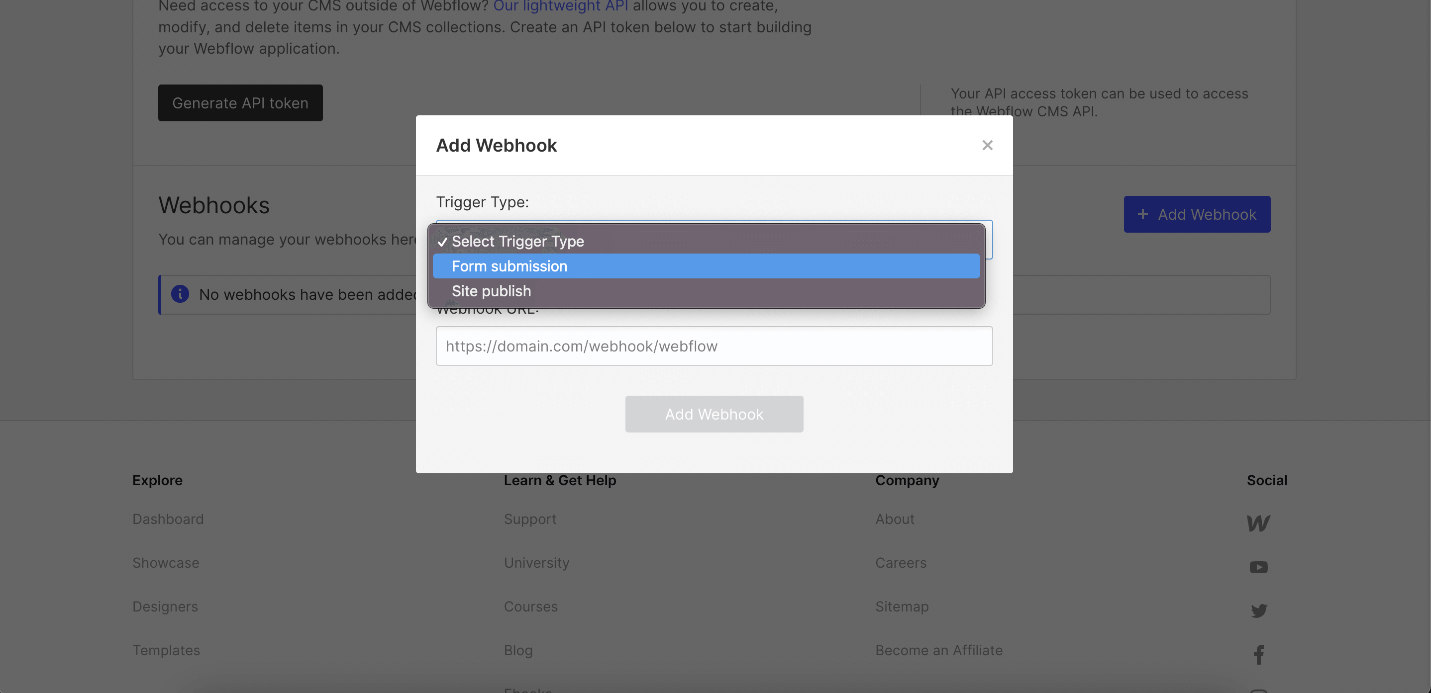 4. Add webhook trigger to Webflow