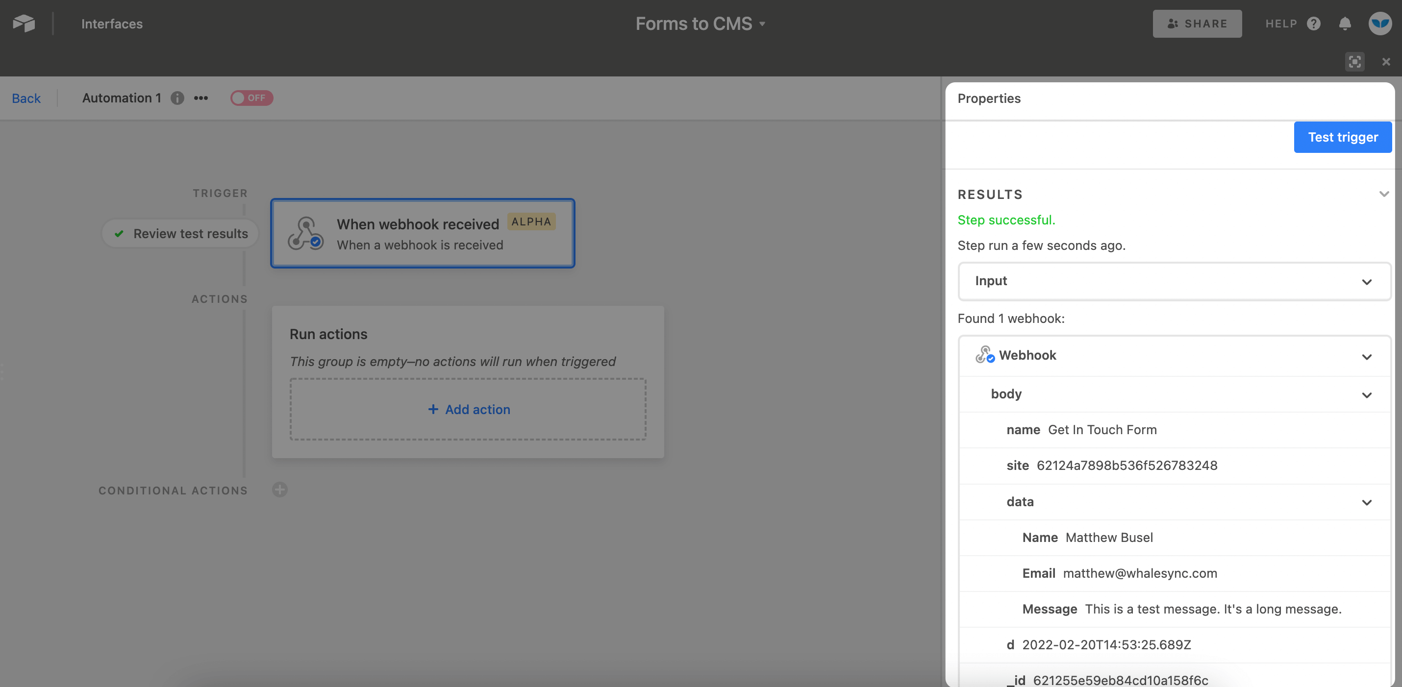 4. Add webhook trigger to Webflow