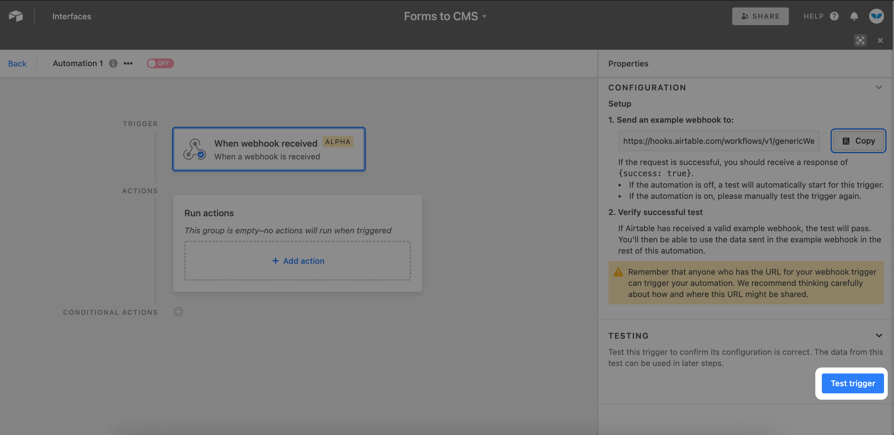 4. Add webhook trigger to Webflow