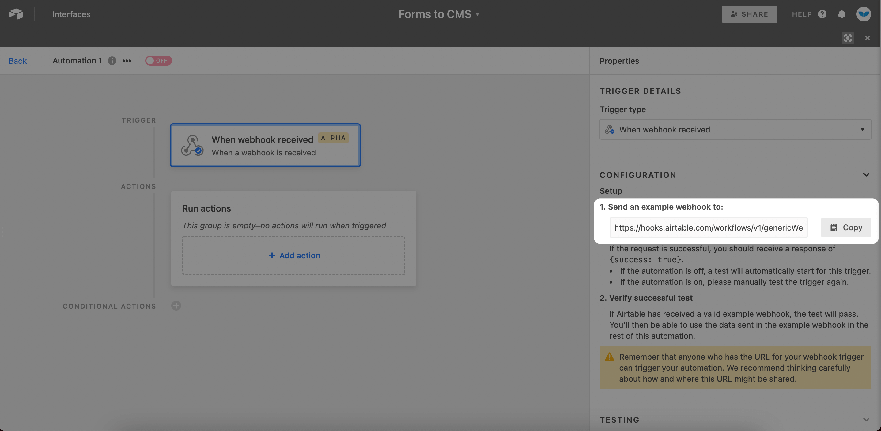 3. Generate Webhook URL in Airtable