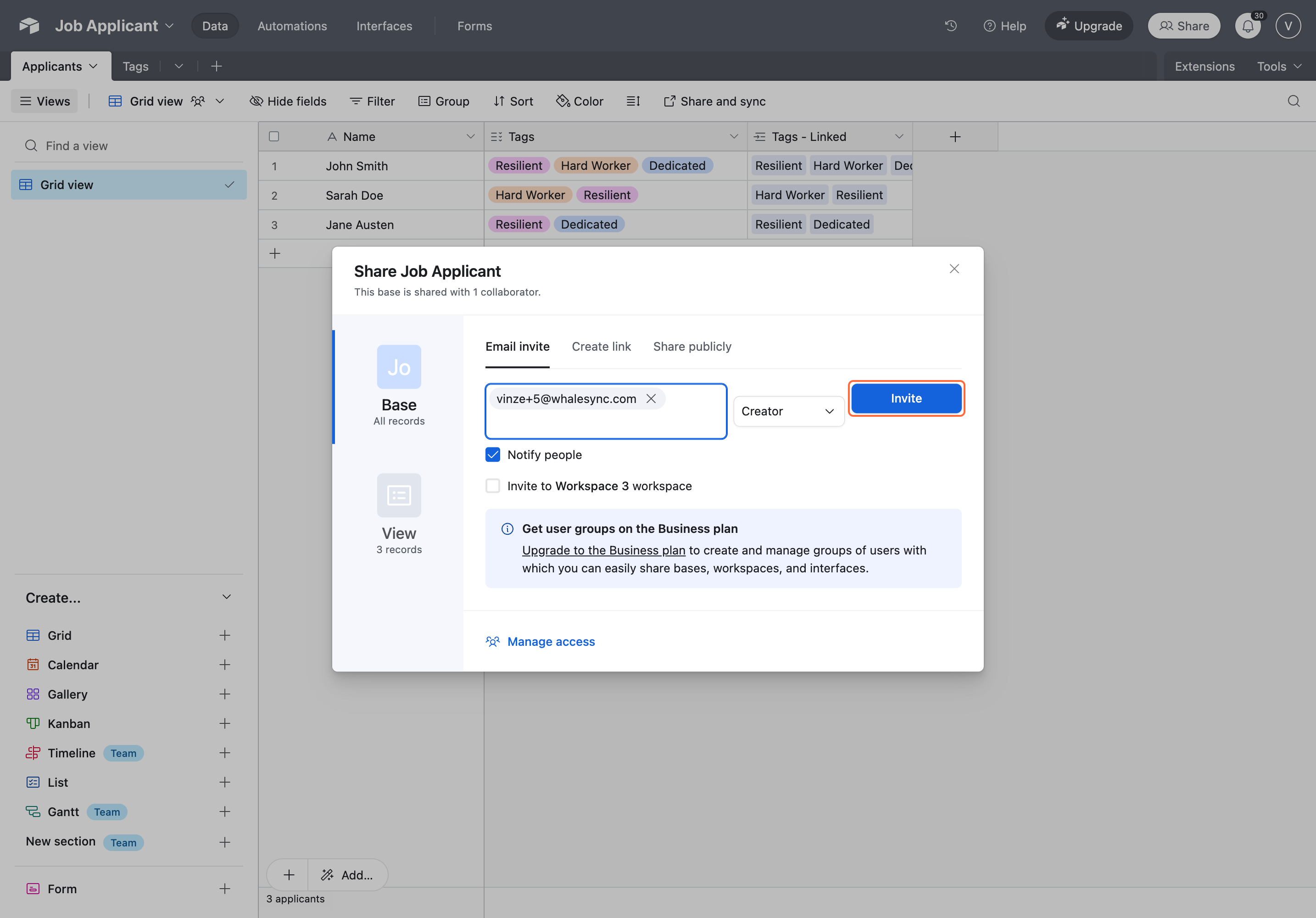 5. Invite the user to that base