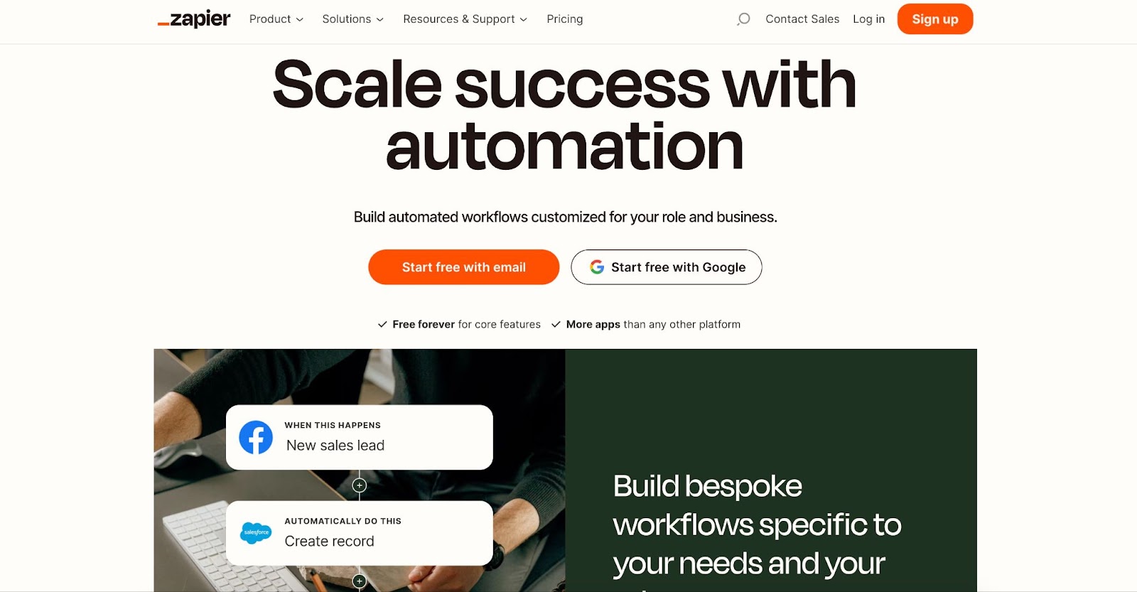 Zapier's homepage hero reading 'Scale success with automation'