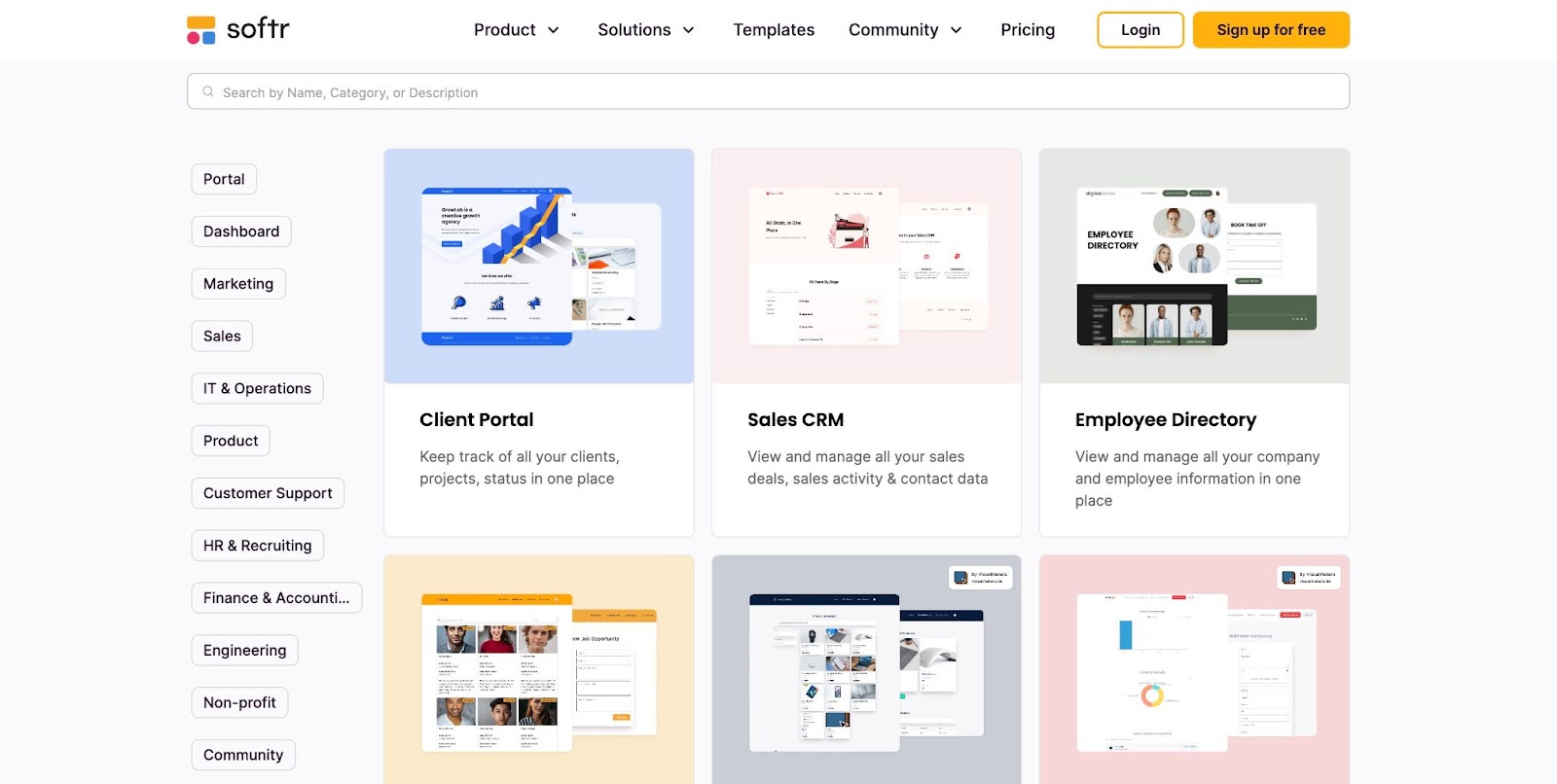 Softr's template gallery showing client portal, sales CRM and employee directory apps