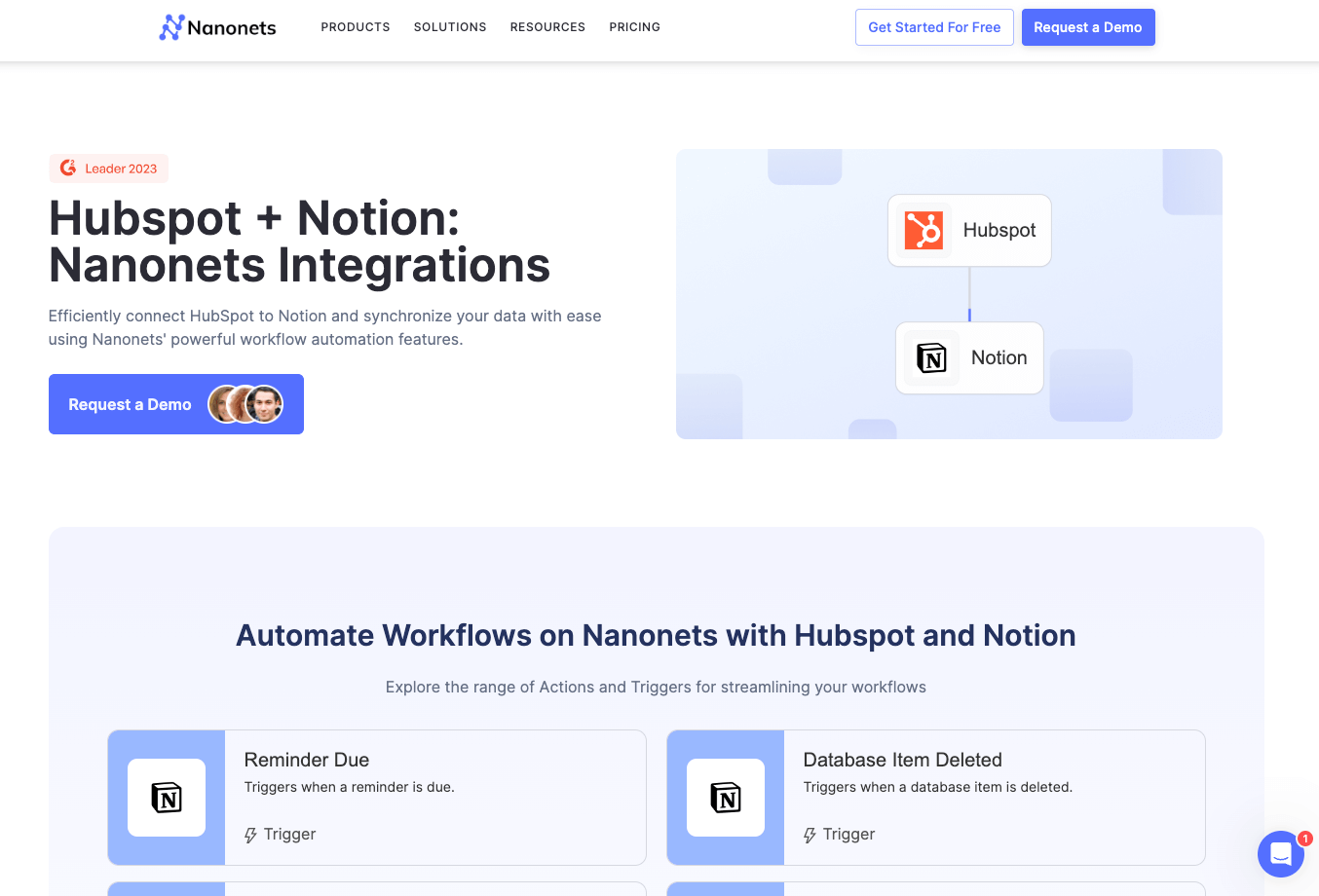 Nanonets' HubSpot and Notion integration page showing workflow actions and triggers