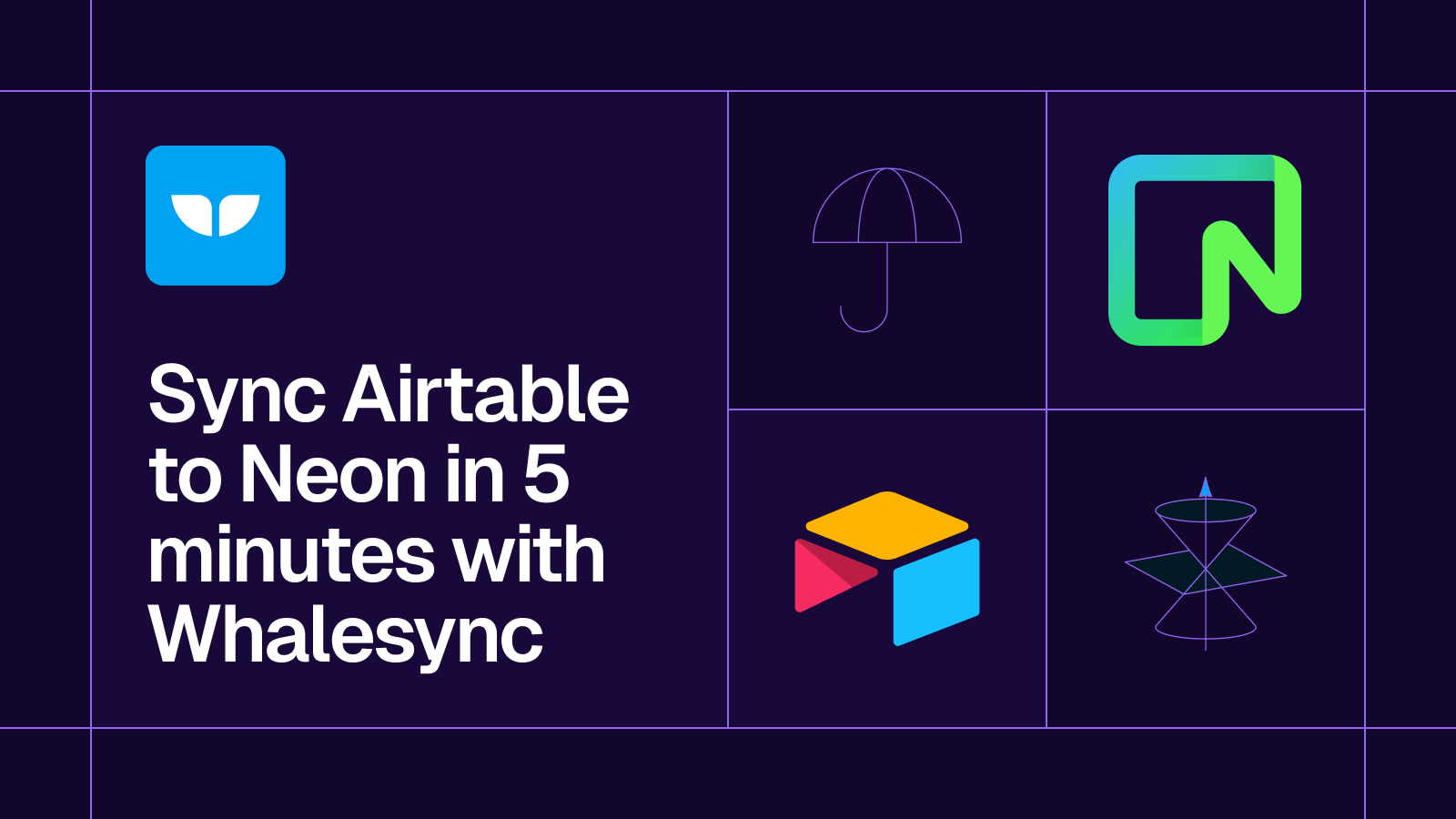 Title card reading 'Sync Airtable to Neon in 5 minutes with Whalesync' with the Airtable and Neon logos