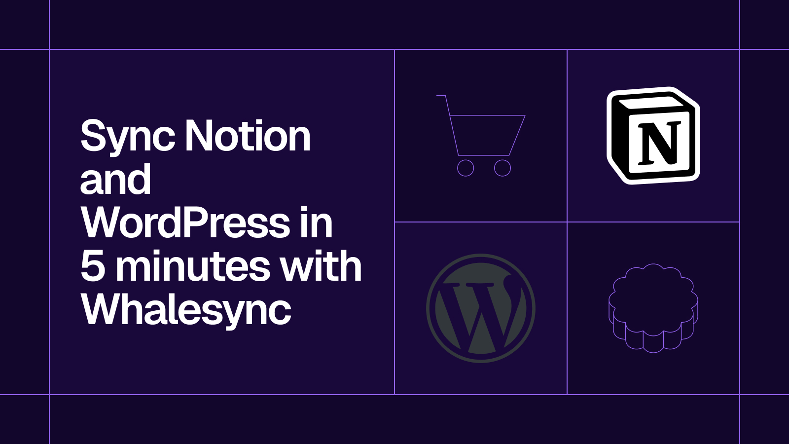 Title card reading 'Sync Notion and WordPress in 5 minutes with Whalesync' with the Notion and WordPress logos
