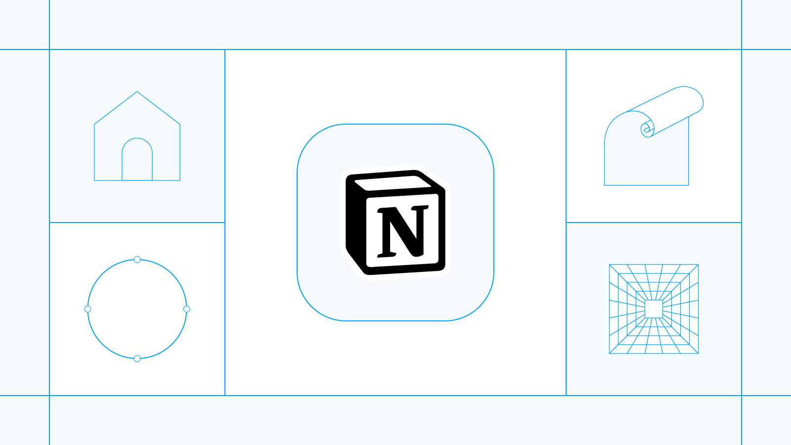 Graphic featuring the Notion logo with abstract line icons