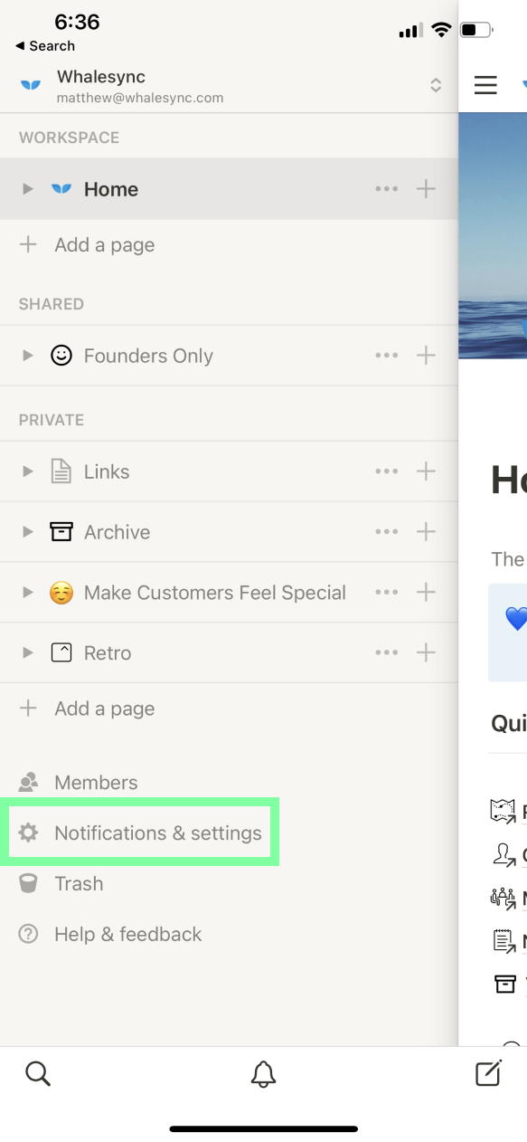 Notion dark mode toggle highlighted mobile