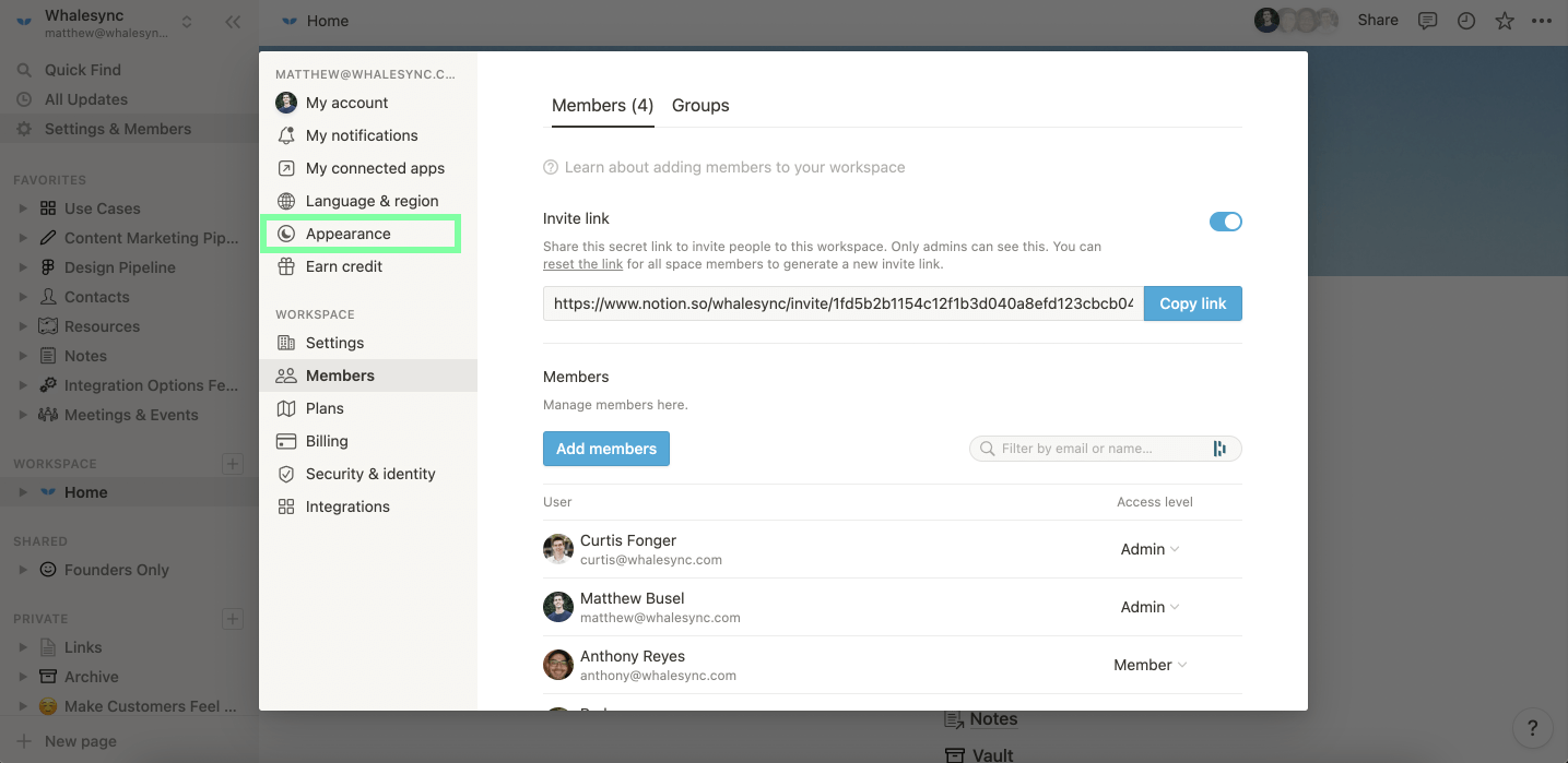 Notion dark mode selected