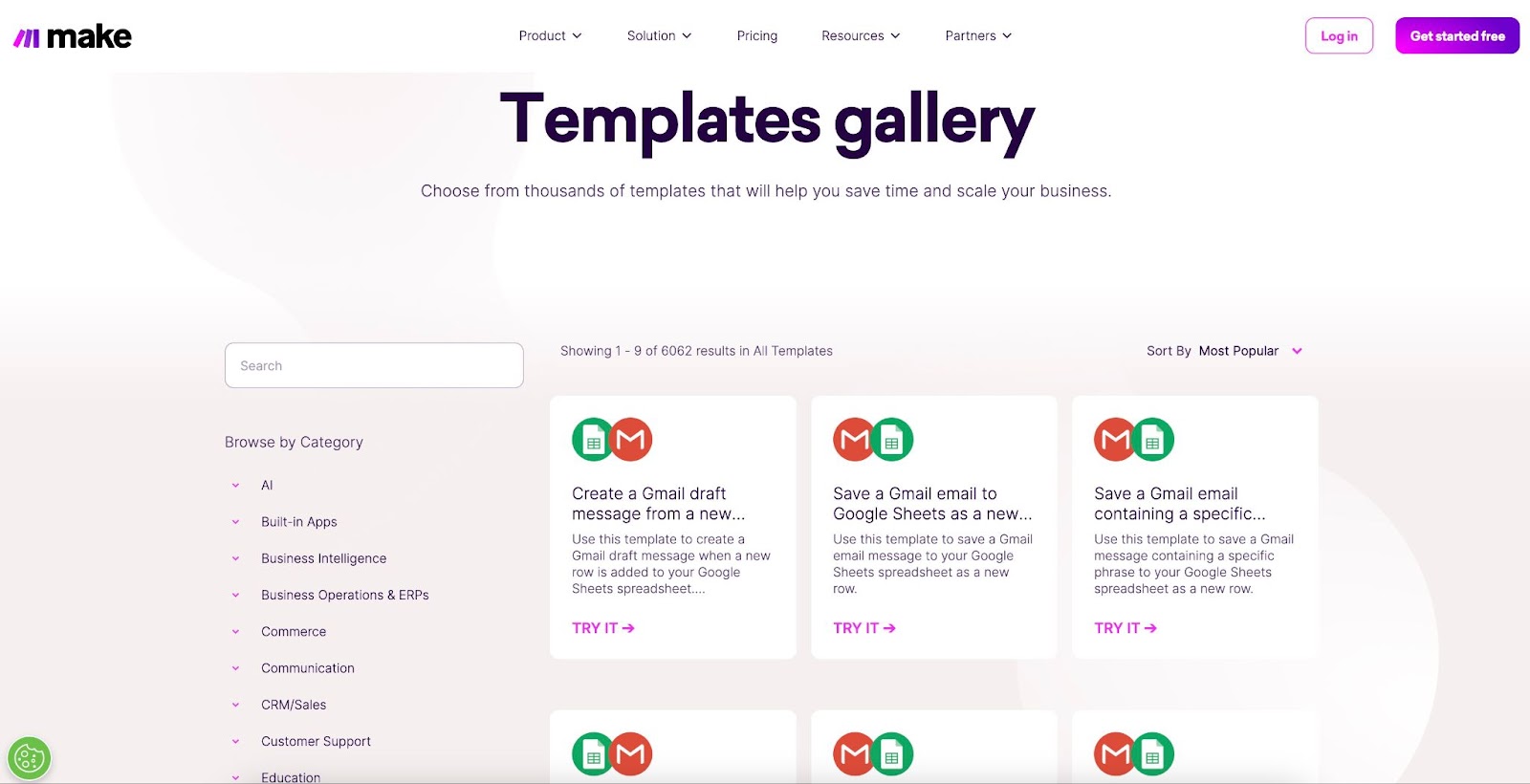 Make's templates gallery showing thousands of automation templates