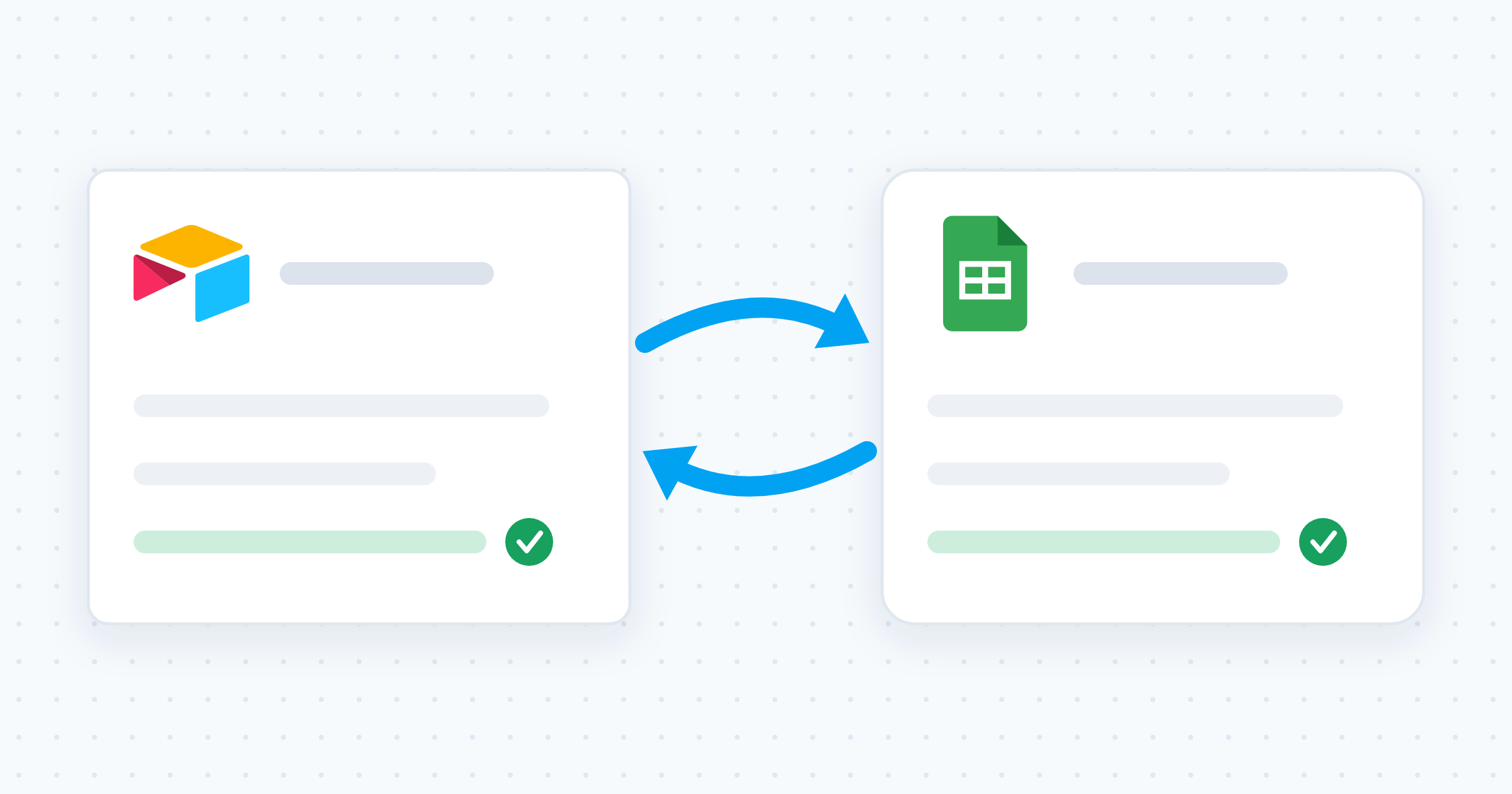 Two record cards syncing both ways between Airtable and Google Sheets