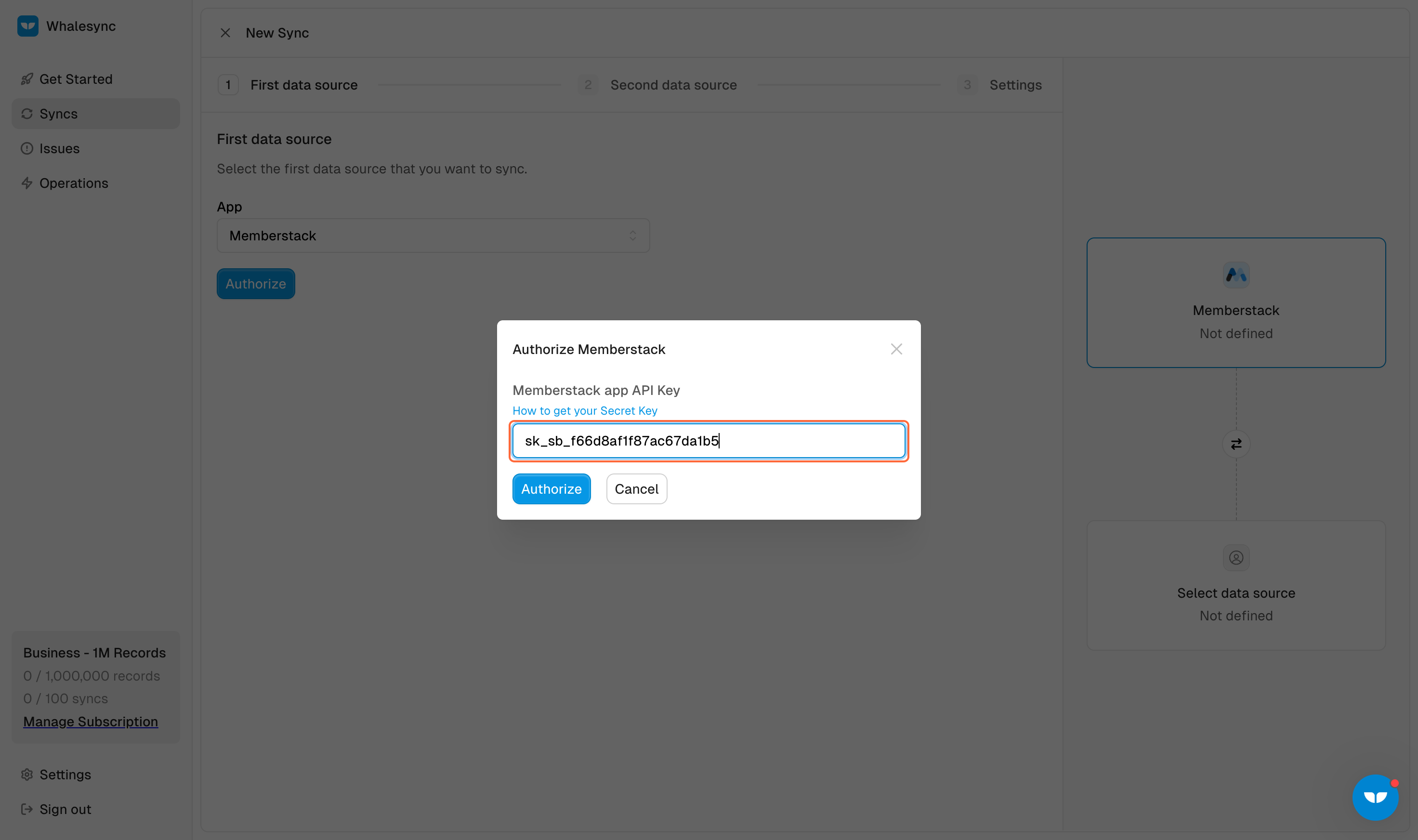 5. Paste Memberstack secret key to Whalesync