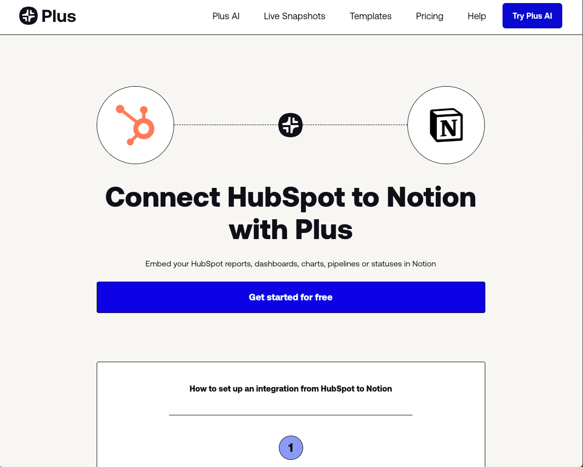 Plus's page for connecting HubSpot to Notion to embed HubSpot reports in Notion