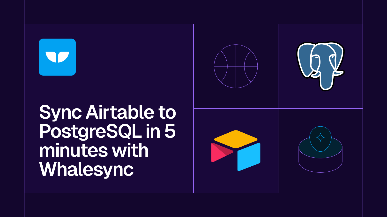 Title card reading 'Sync Airtable to PostgreSQL in 5 minutes with Whalesync' with the Airtable and PostgreSQL logos