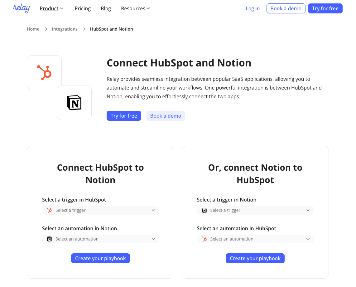 Relay's page for connecting HubSpot and Notion with trigger-and-automation setup