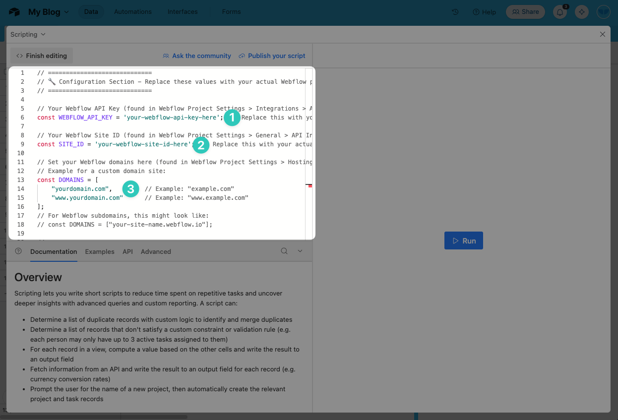 6) Paste in your API Key, Site ID, and domains into the script