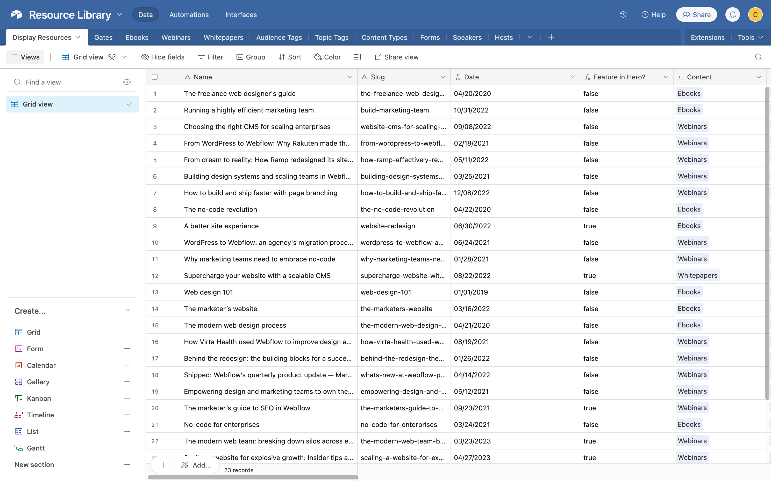 Airtable base for Webflow Resource Hub