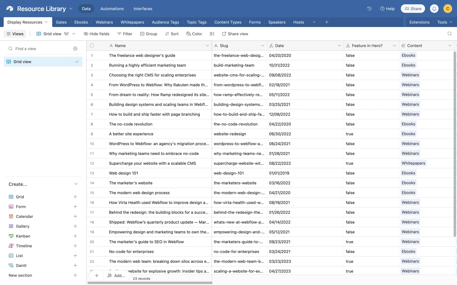 Airtable base for Webflow Resource Hub
