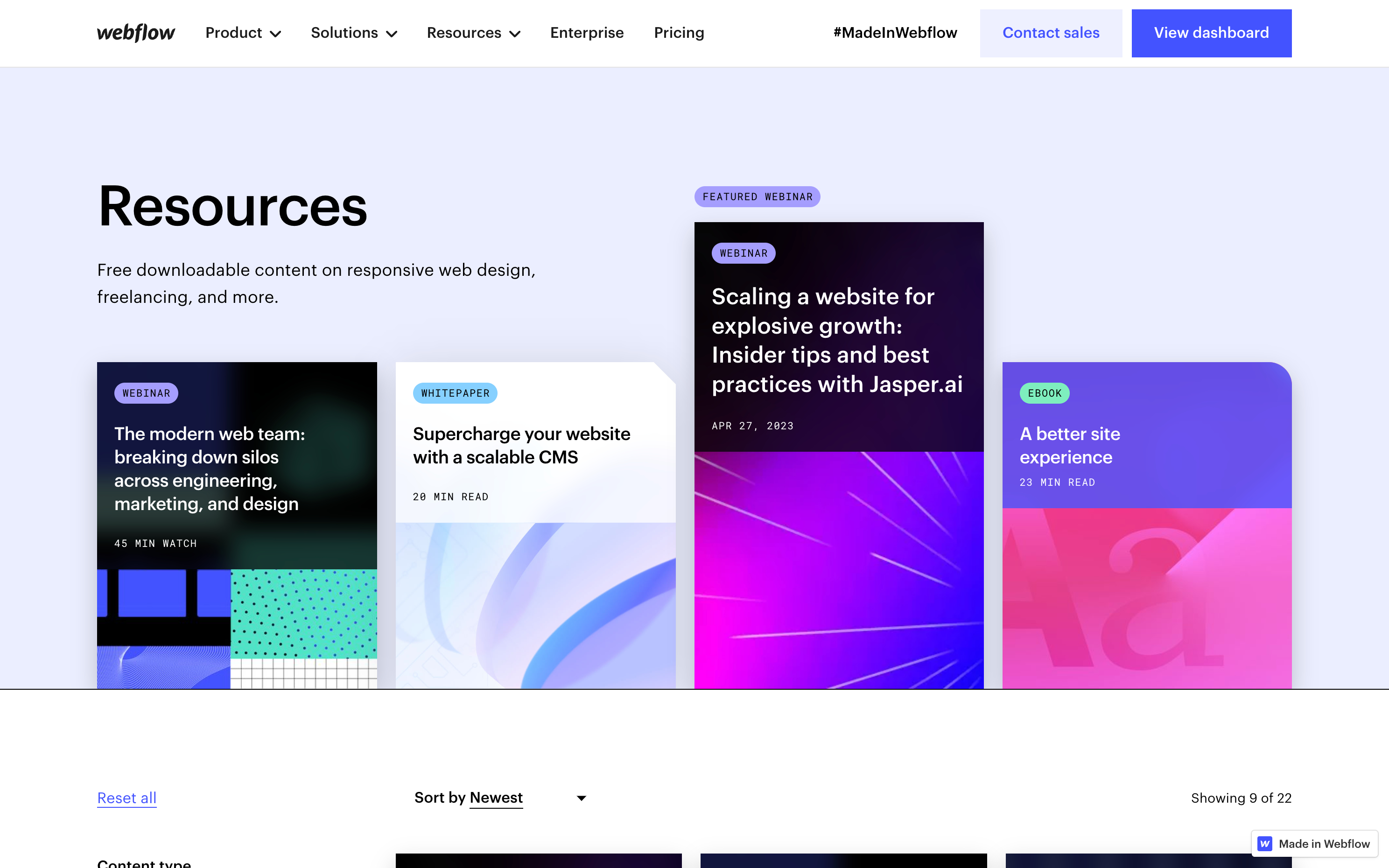 Webflow Resource Hub landing page
